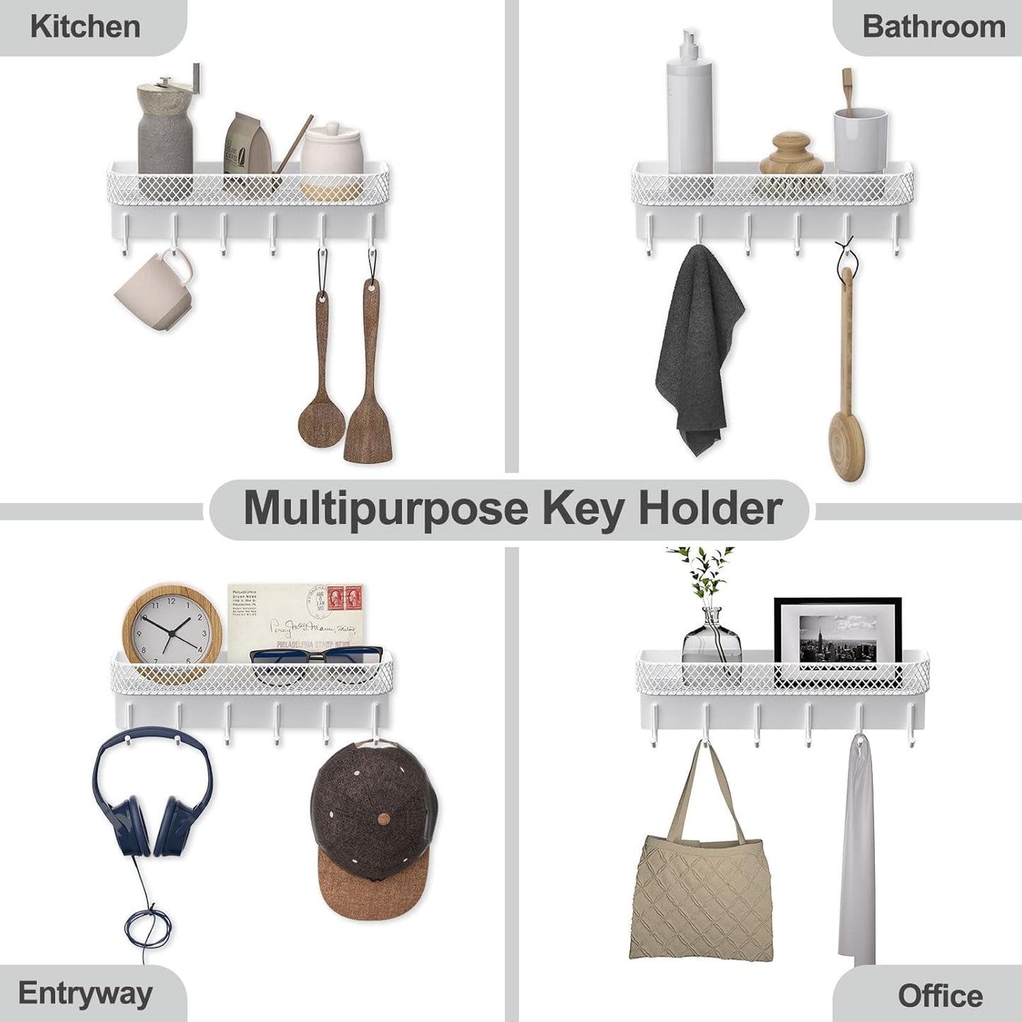 Key Holder for Wall – Decorative Stainless Steel Key Hanger with 6 Hooks for Hats, Bags, Leashes – Mail Holder Key Rack with Mounting Hardware and Guide (9.65” x 2.8” x 2.2”) (White)