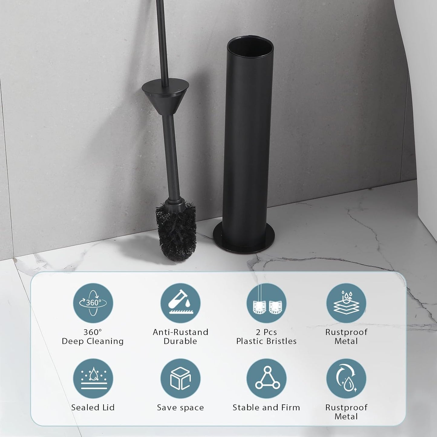 BGL Toilet Brush and Holder Set, Heavy Duty 304 Stainless Steel, Round Base and Long Handle for Bathroom Deep Cleaning, Drip-Proof, Space Saving for Storag, Black