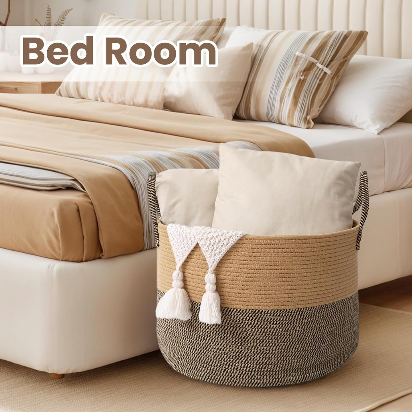 Woven Blanket Basket,115L Large Rope Storage Bin with Handles, Organizer for Blankets Toys Book and Clothes, Laundry Basket for Living Room Bedroom Nursery,Jute&Black