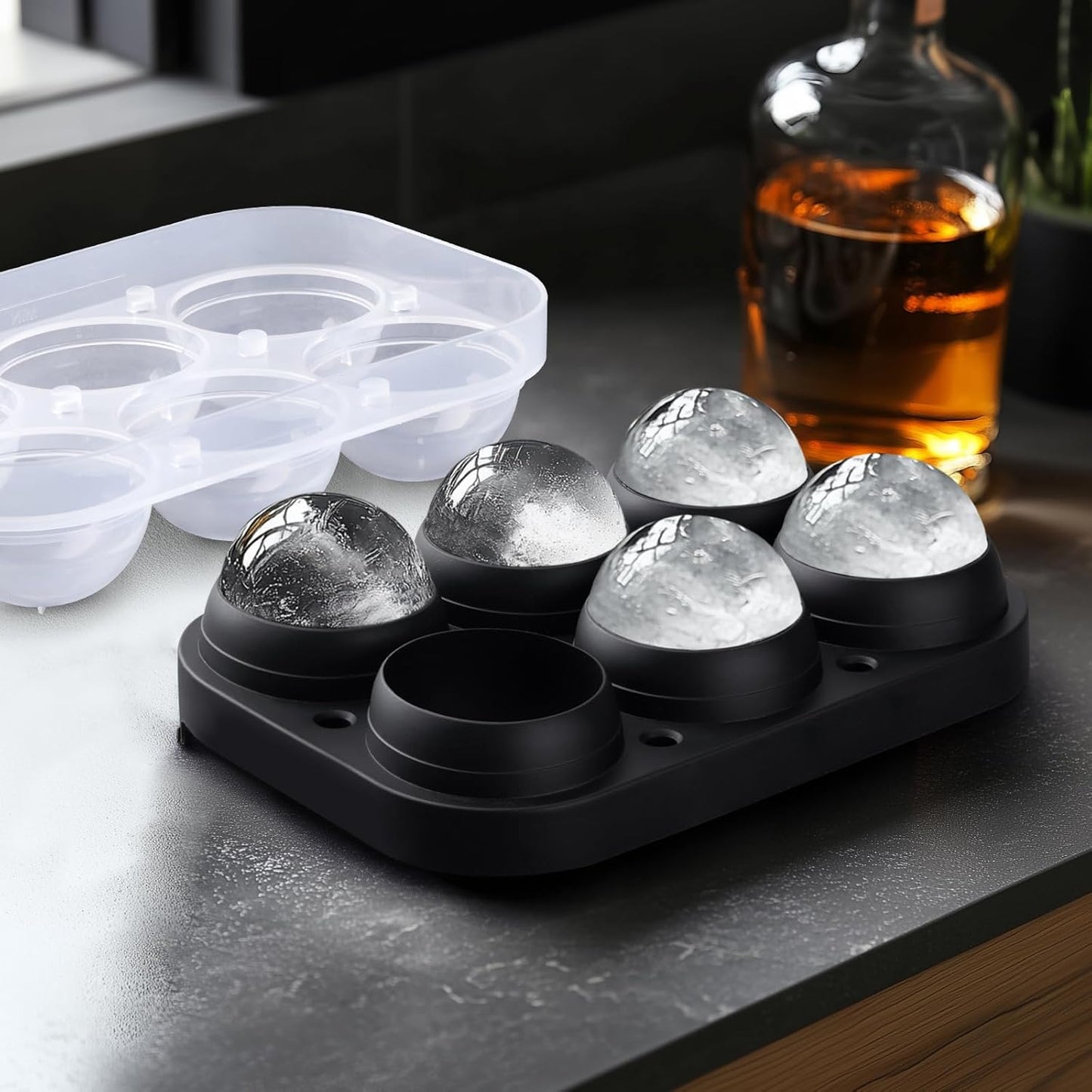 2.5inch Spherical Ice Ball Tray For Whiskey, Big Ice Freezer Mold for Cocktails,Easy Fill In & Release Ice Cube Mold, Durable &Reusable Spherical Ice Maker (Black)