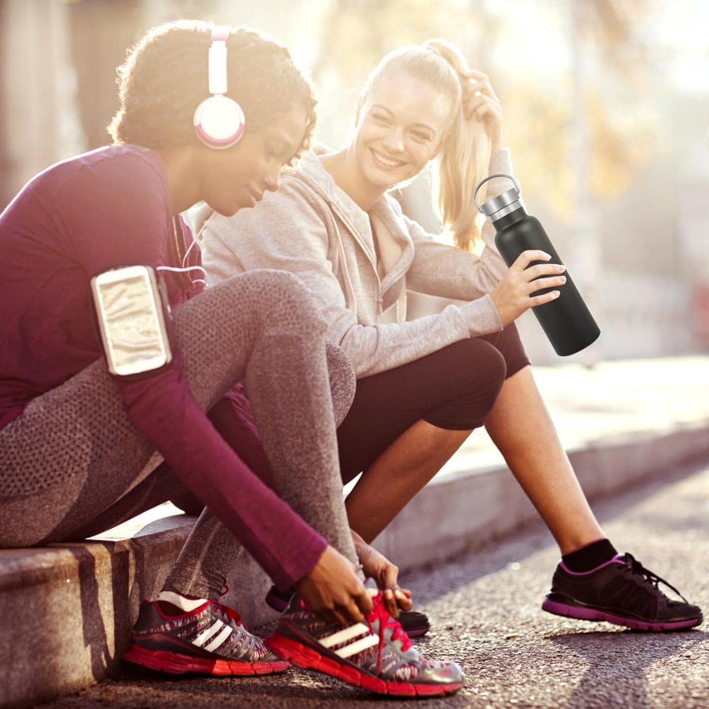 Neihepal 20 oz Insulated Water Bottles Bulk 2 Pack,Stainless Steel Double Wall Sport Bottle with Lid of Handle,Metal Reusable Thermoses Flask with Cup Cap for School,Hikers,Gift (Black,Set of 2)