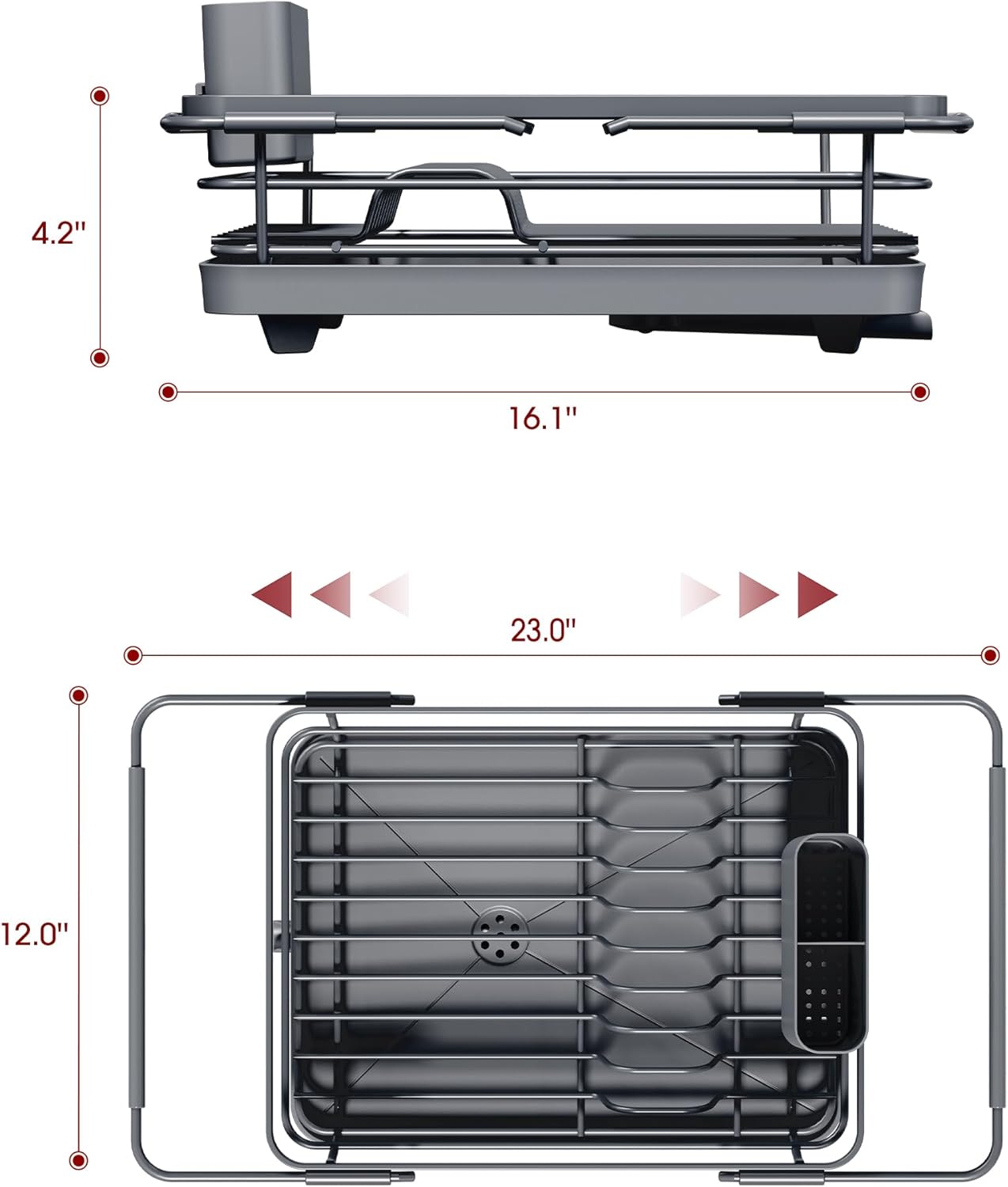 Stainless Steel Dish Drying Rack for Kitchen Counter, Sink Organization and Storage Essentials with Silverware & Utensil Holder, Home and Apartment Decor, 12" W x 16.1~23" L, Gray