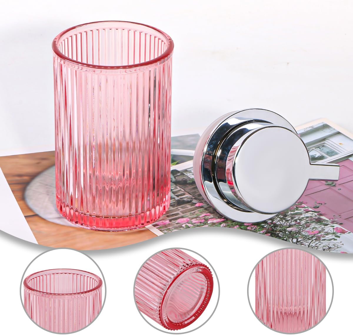 Pink Foaming Soap Dispenser, 12 Oz Glass Foaming Hand Soap Dispenser with Silver Pump, Bathroom Refillable Liquid Lotion Container Pump Ribbed Bottle for Kitchen Bathroom Decor, 1pc