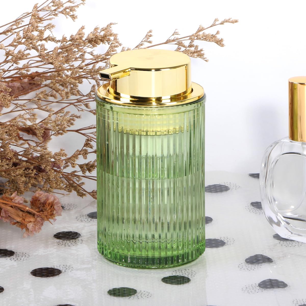 Green Foaming Soap Dispenser, Glass Foam Hand Soap Dispenser with Gold Pump, 12 Oz Bathroom Refillable Liquid Lotion Pump Ribbed Bottle Container for Kitchen Countertop Decor, 1pc
