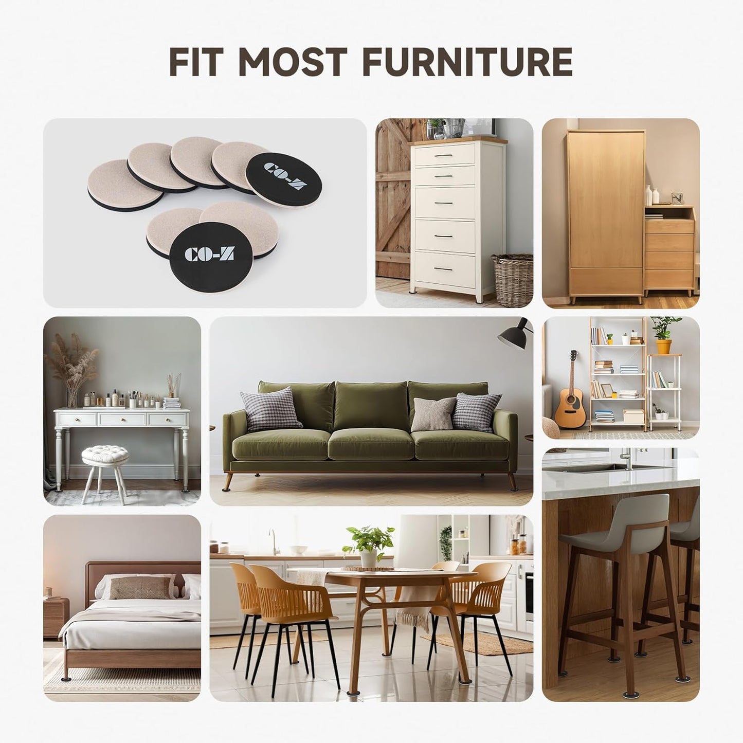 CO-Z 8pcs Felt Furniture Sliders for Hardwood Floors, 3 1/2 in Reusable Furniture Pads, Heavy Furniture Movers Sliders for Hard Surfaces, Thick Moving Pads Floor Protectors for Vinyl Tile Floors