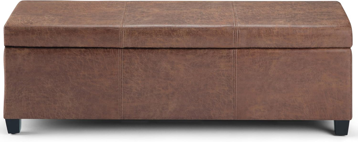 SIMPLIHOME Avalon 48 inch Wide Contemporary Rectangle Storage Ottoman Bench in Distressed Umber Brown Vegan Faux Leather, Assembled, For the Living Room, Entryway and Family Room