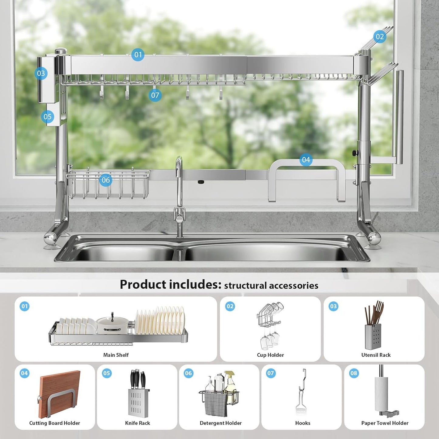 Over The Sink Dish Drainer Drying Rack, 2 Tier Adjustable Width (20.87'' to 37.6'') 304 Stainless Steel Large Over Sink Dish Drying Rack for Kitchen Counter Organizer, (Silver)