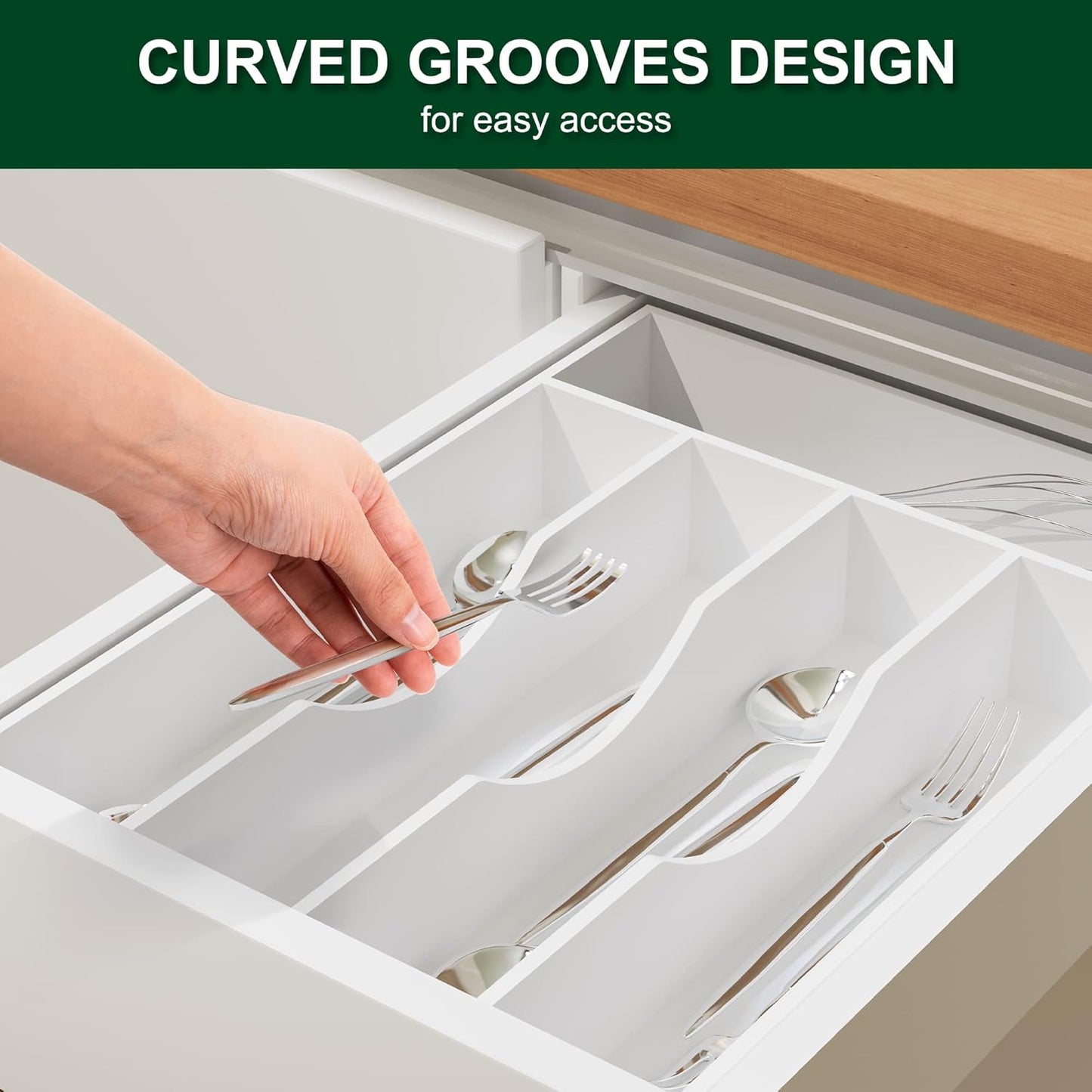 Bellsal White Utensil Organizer 10 Inch Silverware Tray for Drawer - 5 Compartment Small Narrow Bamboo