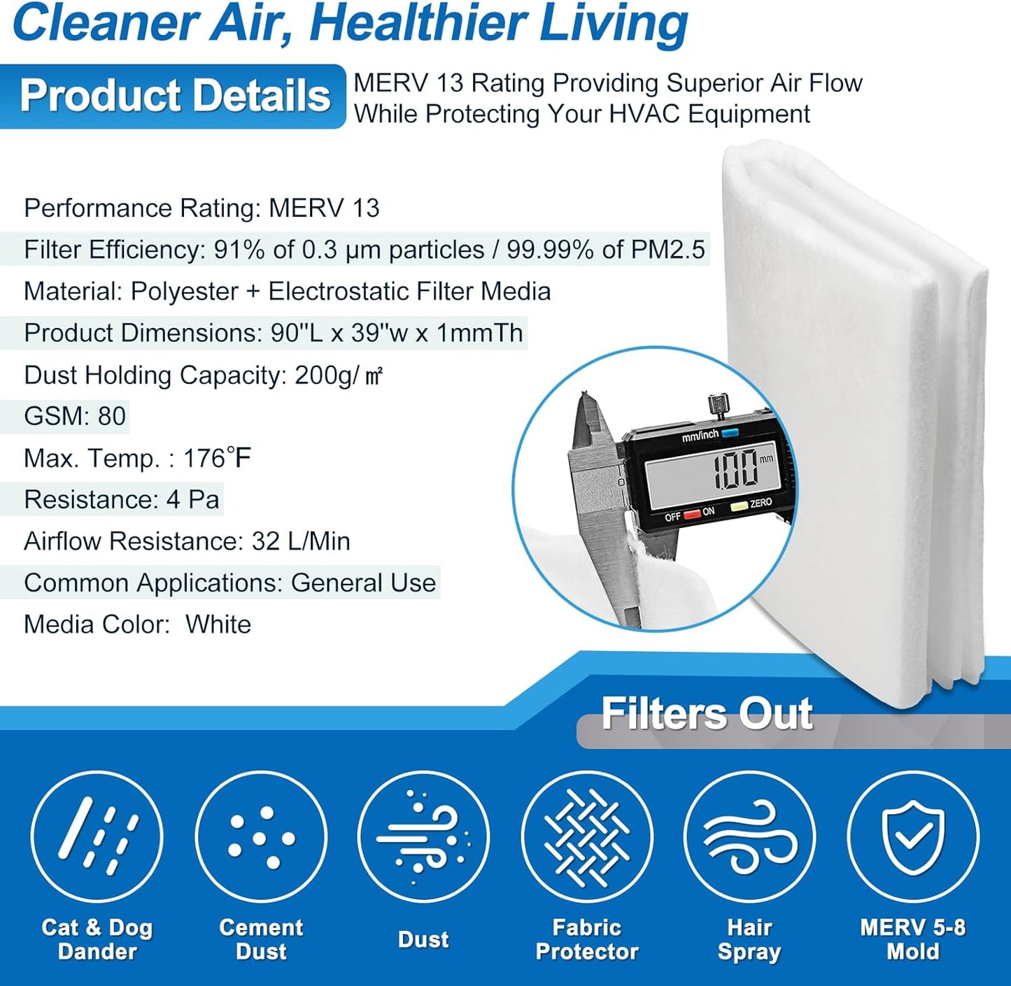 UCINNOVATE MERV 13 Air Vent Filters, 39"x90" Electrostatic Vent Filter Kit with 125" Installation Tape, 24.7 Ft² Cut to Size AC Filter Material for Floor Home Ceiling HVAC