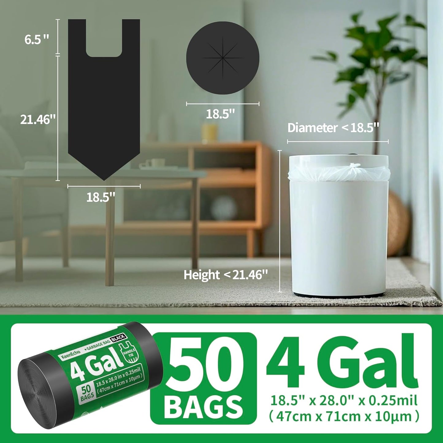 Small Trash Bags with Handles 4 Gallon 50 Count Black - Ocean Plastic Upcycling - Plastic Garbage Bags, Can Bin & Waste Basket Liner for Kitchen, Bathroom, Office and Pets