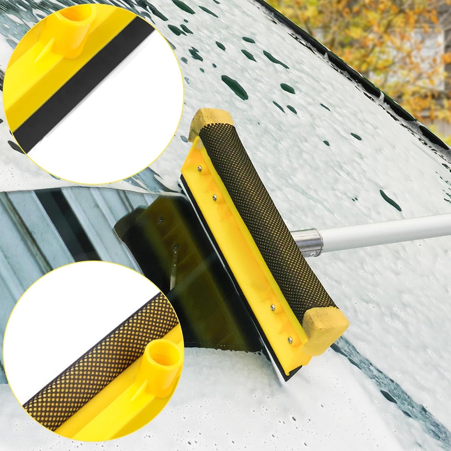 11.6" Window Squeegee with Scrubber, 2-in-1 Car Glass Cleaning Kit with Sponge and Rubber Blade Squeegee Cleaner for Window, Glass, Car Windshield– Fits Standard Extension Pole (Pole Sold Separately)