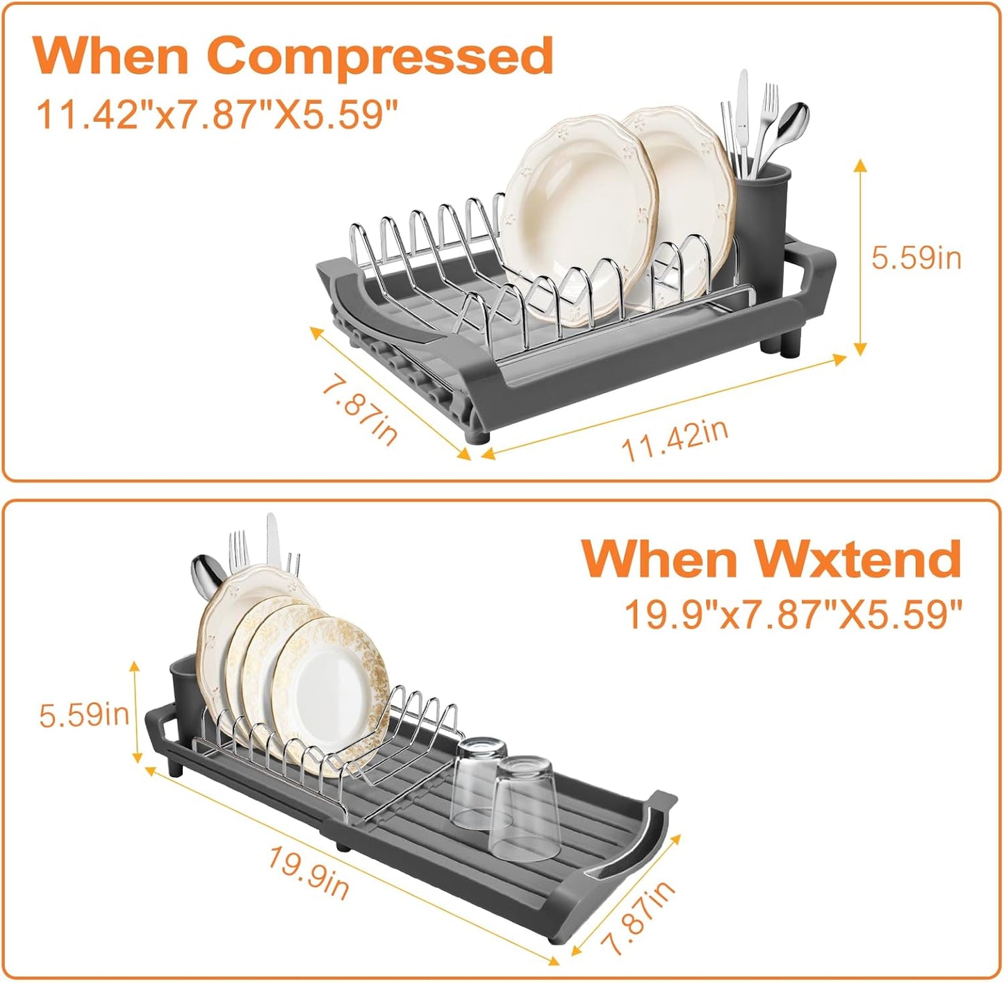 Dish Drying Rack Compact Expandable - A Space-Saving, Stainless Steel, Rust-Resistant Dish Drainer for Kitchen and Apartment Countertops/Sink Cabinets, Extendable from 11.42 to 19.9 inches (Gray)