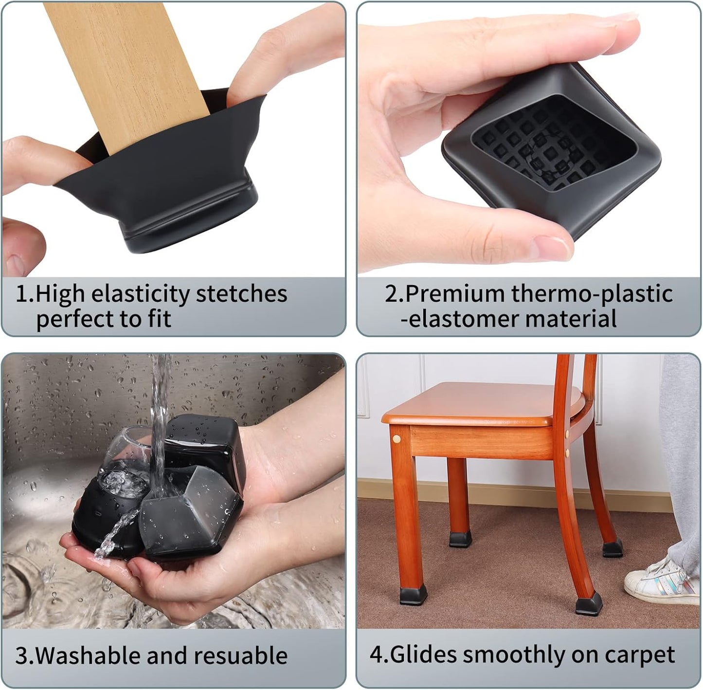 Ezprotekt 24 Pcs Large Chair Leg Sliders for Carpet, Square Black Teflon Furniture Glides Pads Caps for Rug, Bar Stool Leg Protectors Covers for Table, Chair, Sofa Legs (XL Fit: 1.5" - 2")