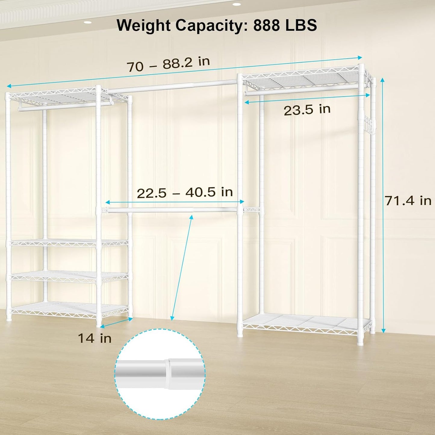 Ulif E1 Heavy Duty Closet Garment Rack, 6 Tiers Adjustable Metal Freestanding Expandable Clothing Storage with 4 Hanger Rods, Easy to Assemble Wardrobe, 71.4" H x (70" - 88.2") L x 14" D, White