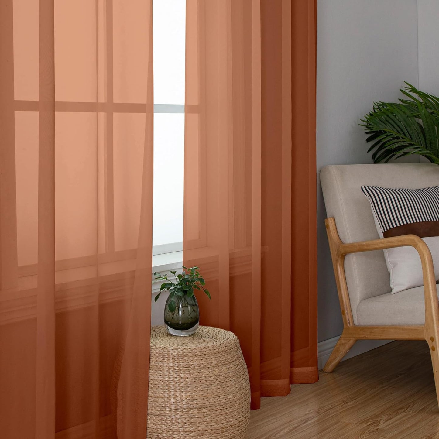 Chyhomenyc Burnt Orange Sheer Curtains 84 Inch Length 2 Panels, Light Filtering Soft Airy Voile Rod Pocket Sheer Window Drapes for Bedroom Living Room, Each 42Wx84L Inches