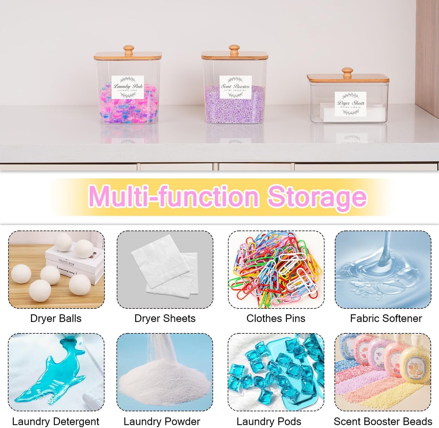 efluky 2 Pack Laundry Pods Container & Dryer Sheet Holder Set,Clear Laundry Room Organization Containers with Bamboo Lids and Labels,Laundry Pods Holder for Scent Booster,Powder,Pod