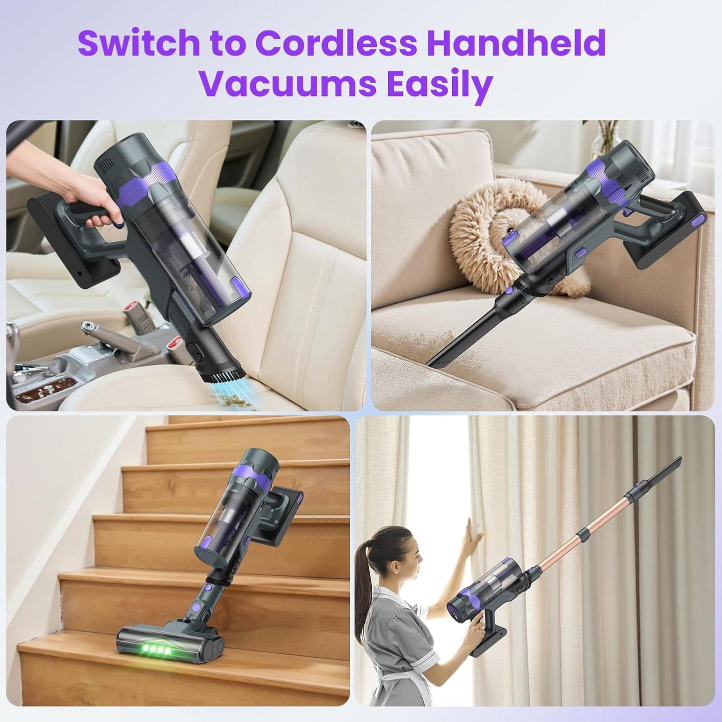 Cordless Vacuum Cleaner, 50Kpa Lightweight Cordless Stick Vacuum, 500W Rechargeable Battery Vacuum with 50min Runtime, LED Display, Stick Vacuum Cleaners for Home Pet Hair Hardfloor Carpet-V2