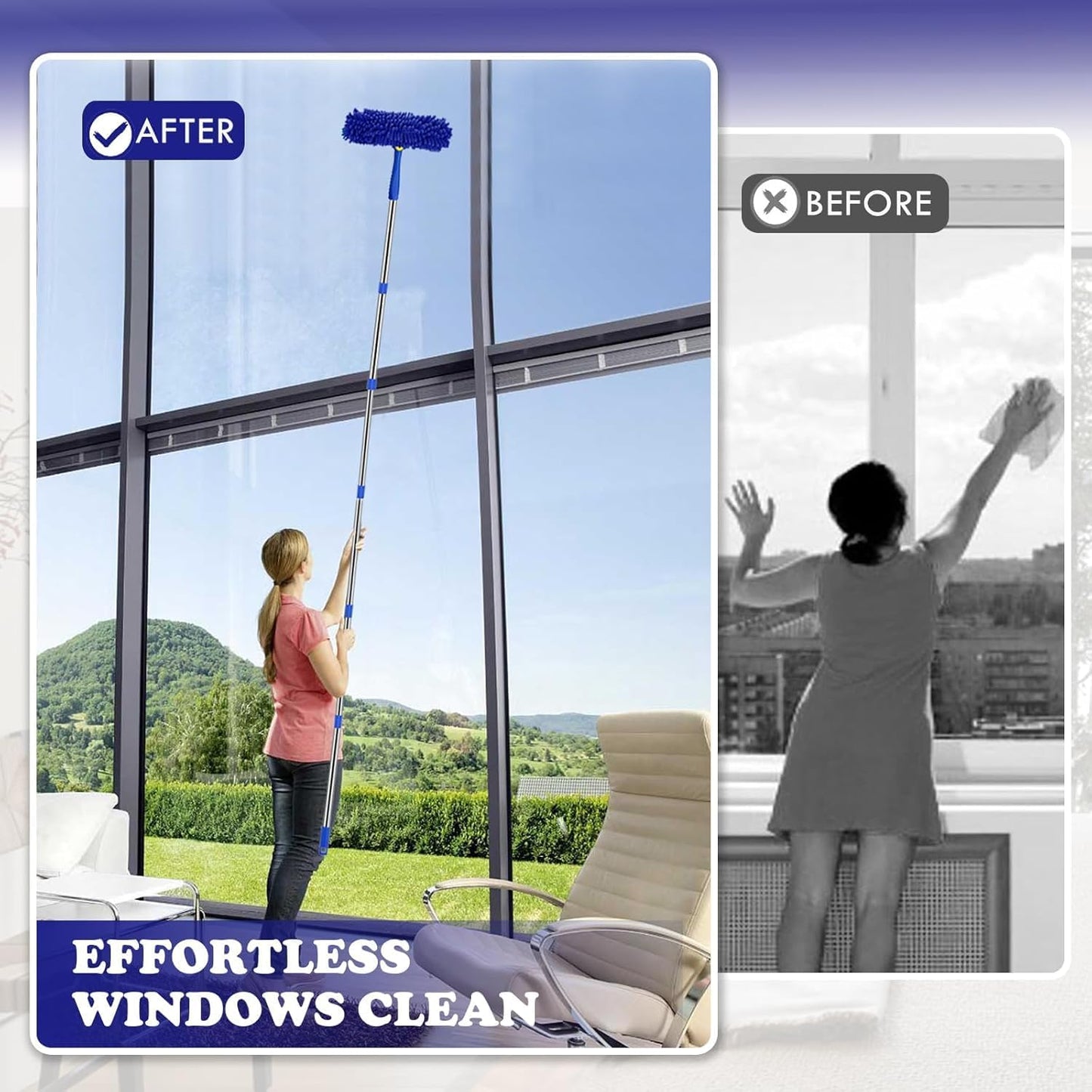 Window Squeegee Cleaner Tool Set,3-in-1 Window Cleaning Kit with 94" Long Extension Pole,Rotatable Bendable Window Washing Kit with 2 Blade 2 Scrubber for Home Car Glass Window Cleaning (11Pcs,Blue)