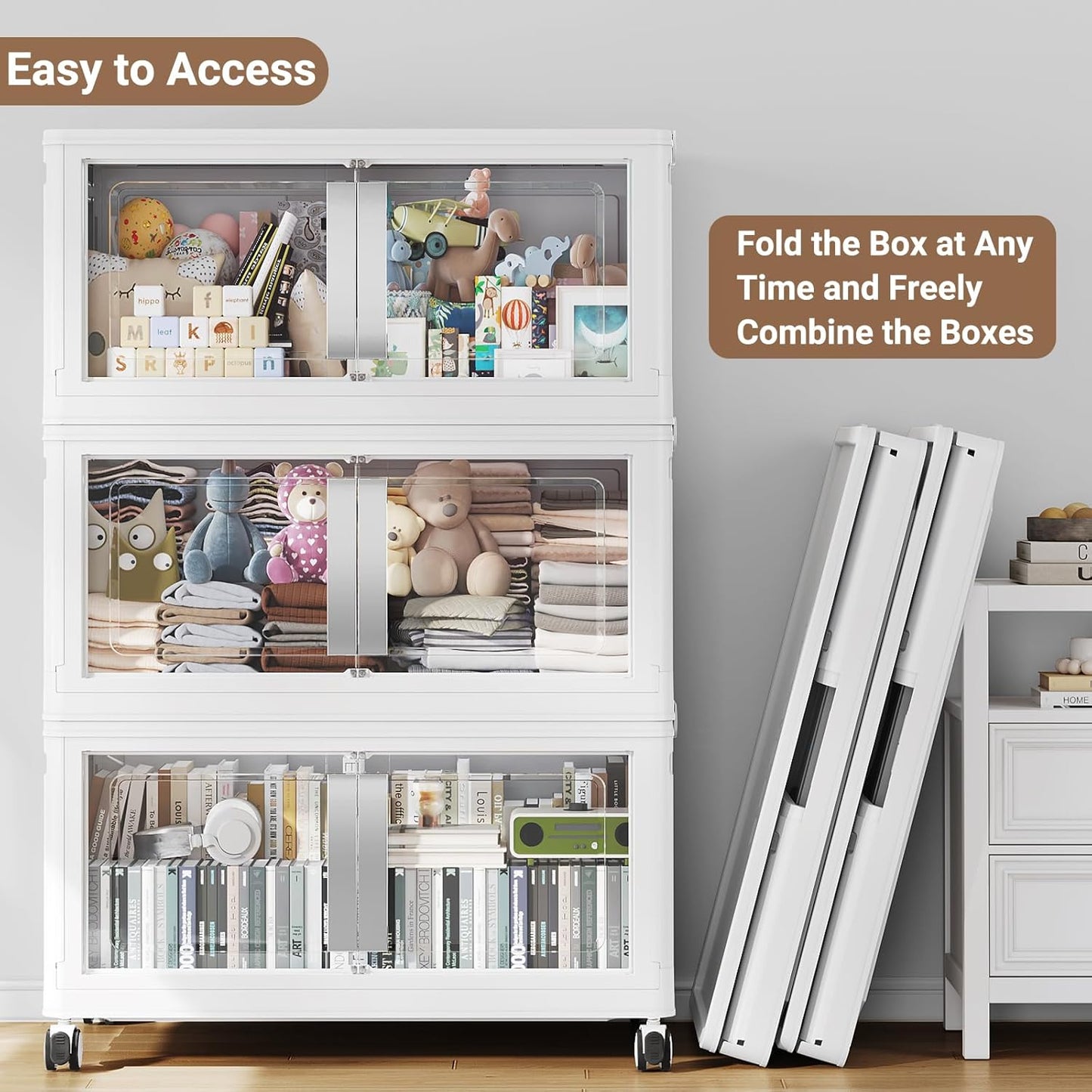 BROVIEW 480QT Stackable Storage Bins with Lids, 120Gal Extra Large Collapsible Storage Box with Wheel, Plastic Storages with Clear Door Open Front for Home Kitchen Garage, White-3pack(3 lids)