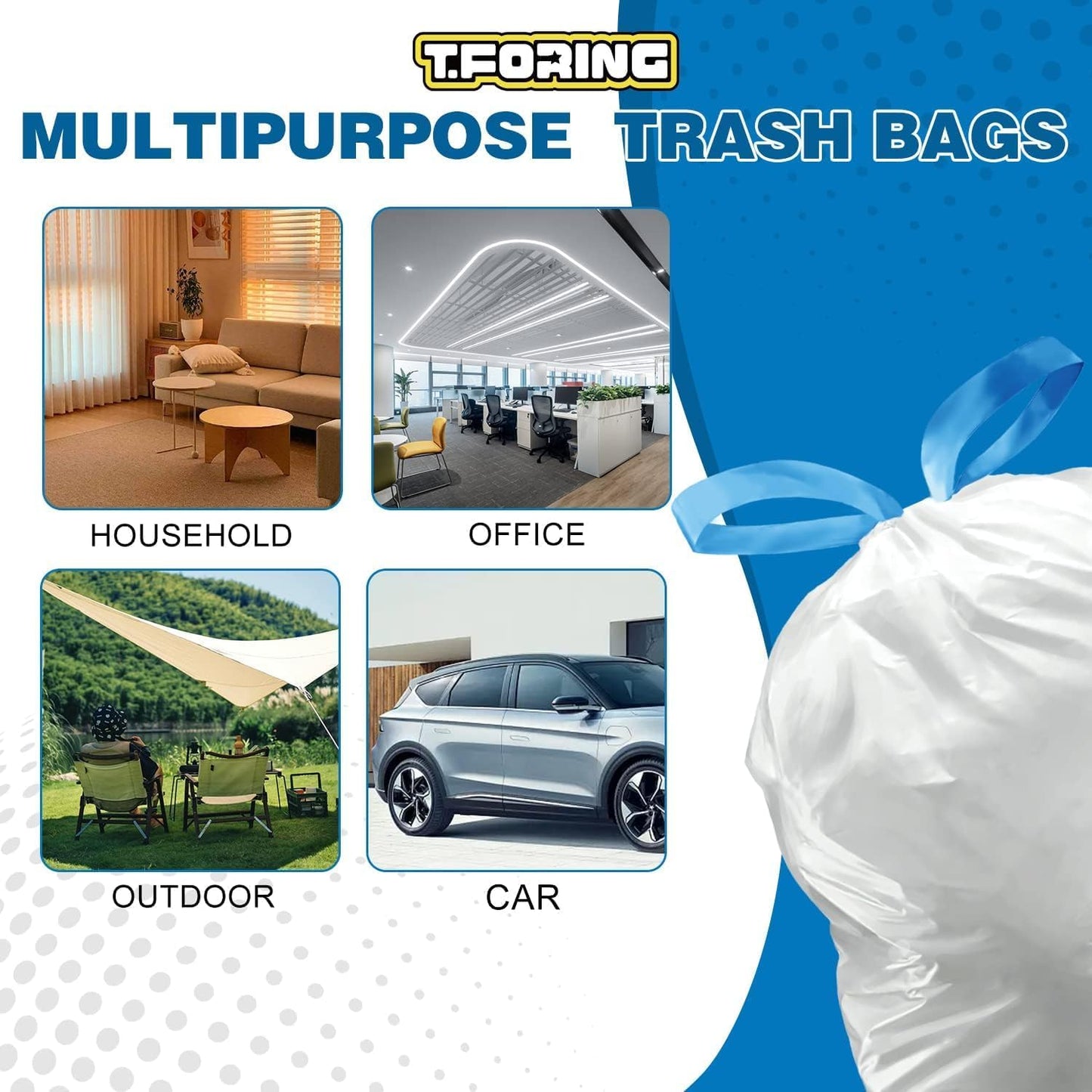 10-13 Gallon Trash Bags Drawstring 1.2 Mil - White Garbage Bags Unscented,37.8 Liter Strong Can Liners for Kitchen Home Office Bathroom,52 Count