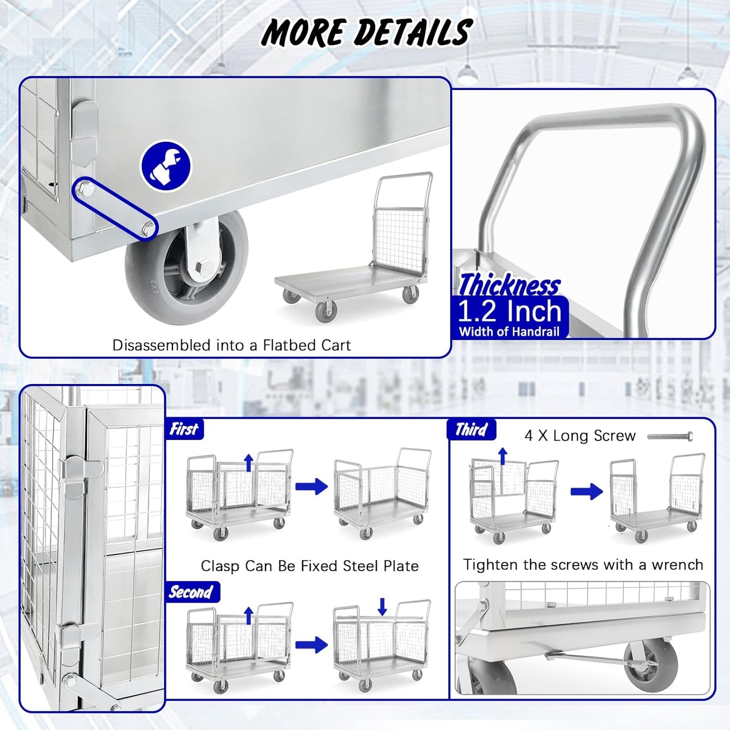Platform Truck with Cage, 6 in1 Foldable Heavy Duty Steel Flatbed Cart, Large Utility Cart w/Industrail Solid Casters, Load 2000LBS Multi-Purpose Push Dolly for Grocery/Laundry/Stall/Warehouse
