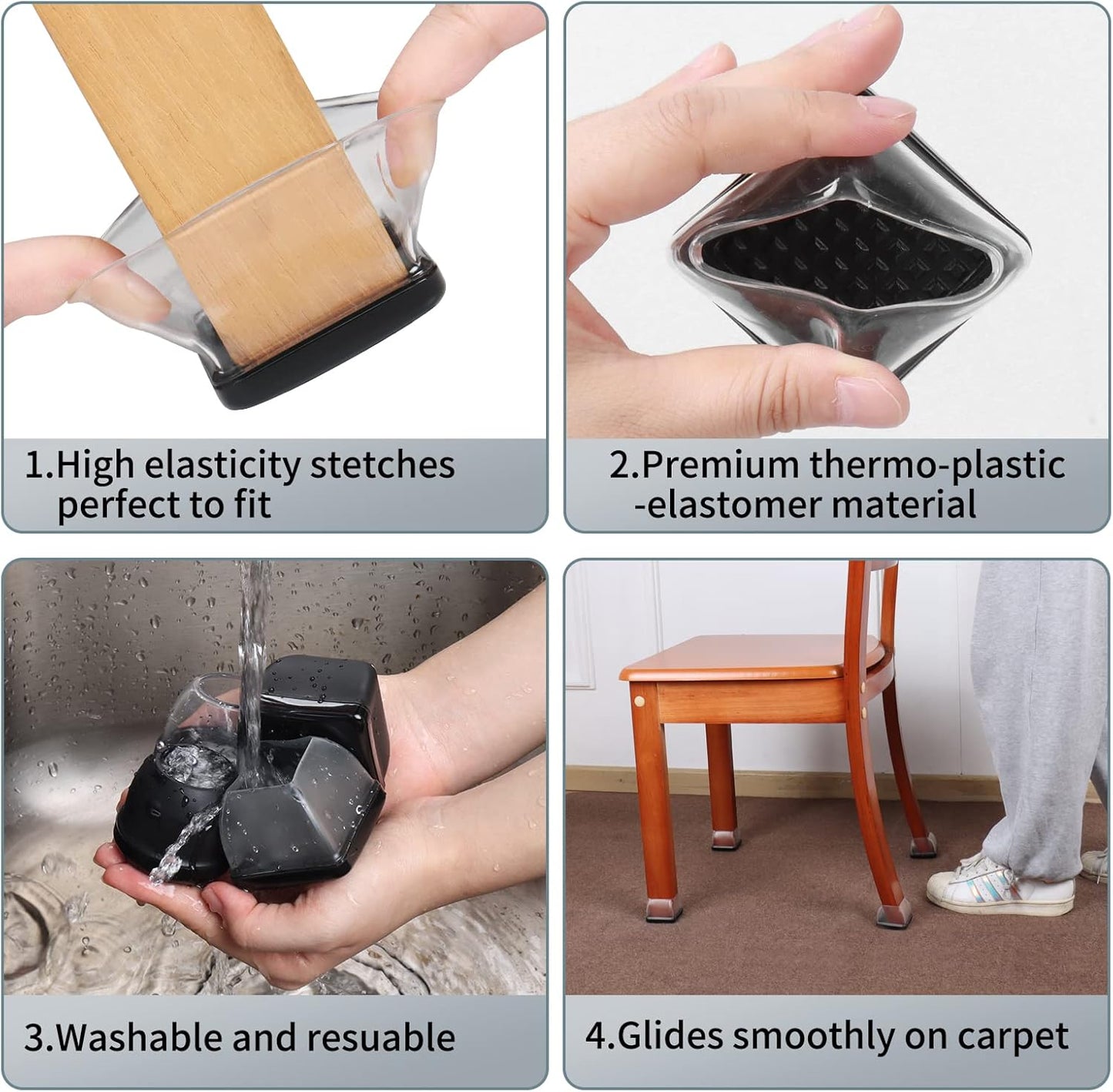 Ezprotekt 24 Pcs Large Clear Chair Leg Sliders for Carpet, Square Teflon Furniture Glides Pads Caps for Rug, Bar Stool Leg Protectors Covers for Table, Chair, Sofa Legs (XL Fit: 1.5" - 2")