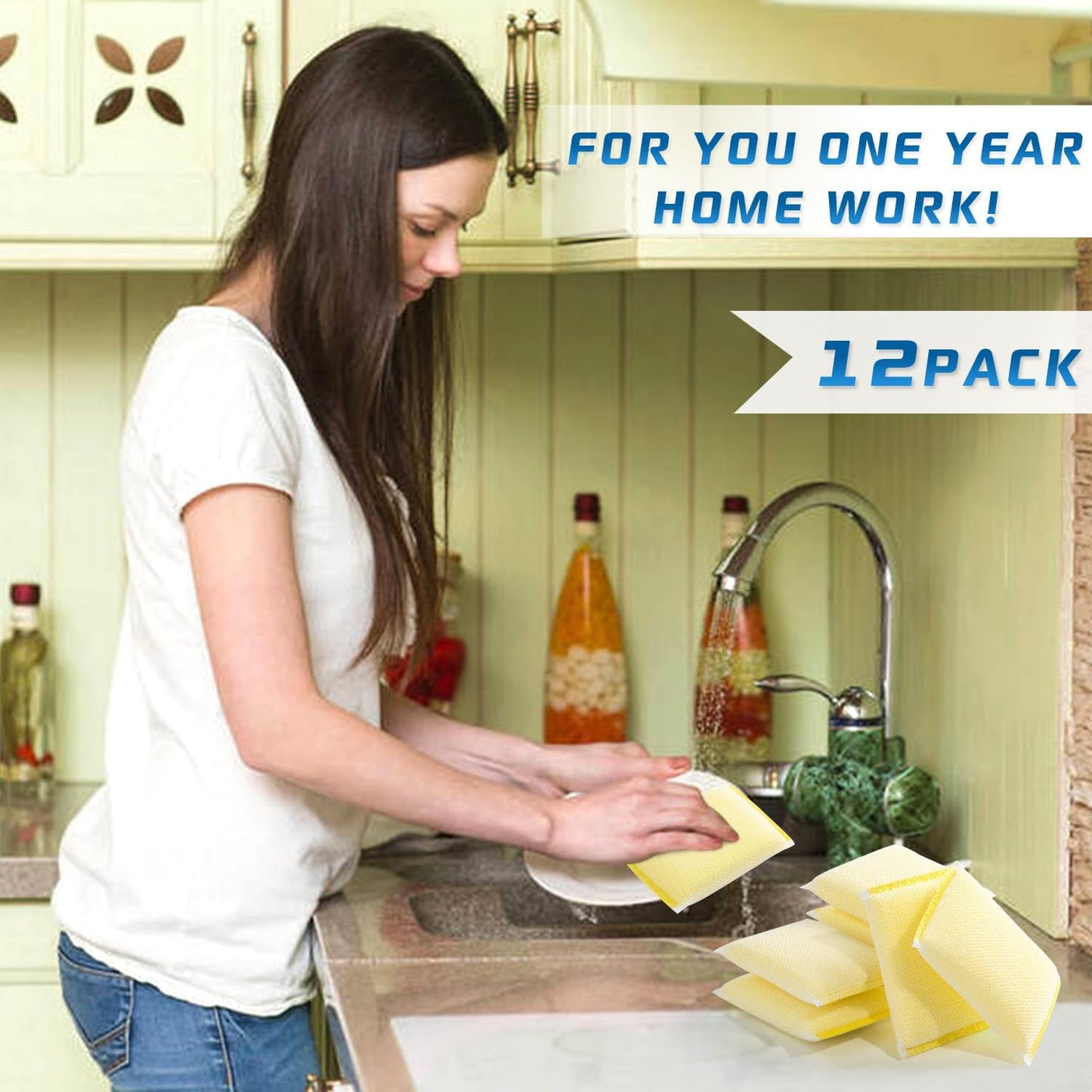 All-Purpose Non Scratch Sponges,Sponges Kitchen for Washing and Cleaning Dishes, Non-Stick Cookware,Premium Scrub and Scrubbers,Cleaning of Kitchen, Bathroom,and Household,12Pad