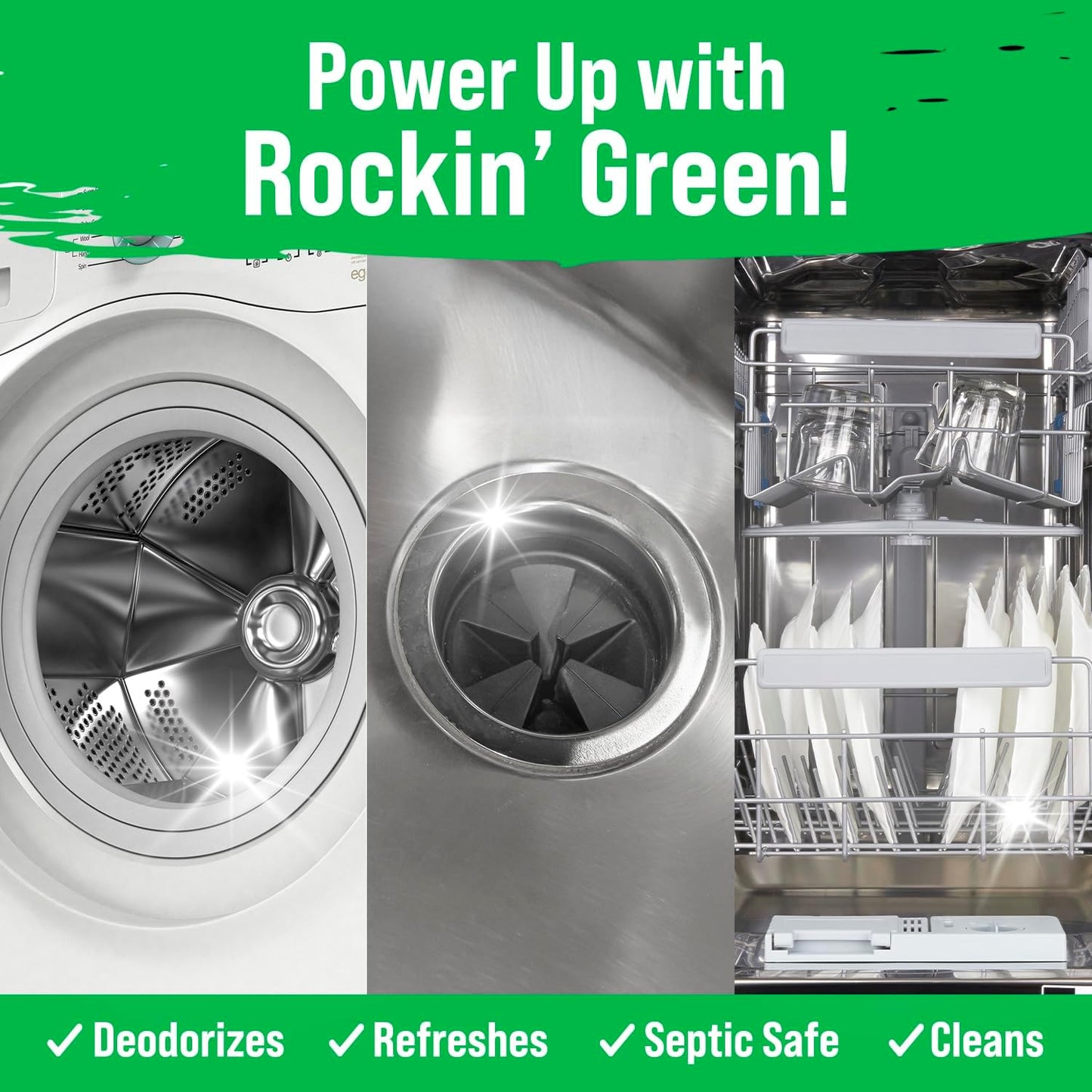 Rockin' Green Deep Cleaning and Deodorizing Tablets for Dishwashers, Washing Machines, and Garbage Disposals, Removes Odor and Residue (Multi-purpose Cleaning Tablets, 24 Pack)