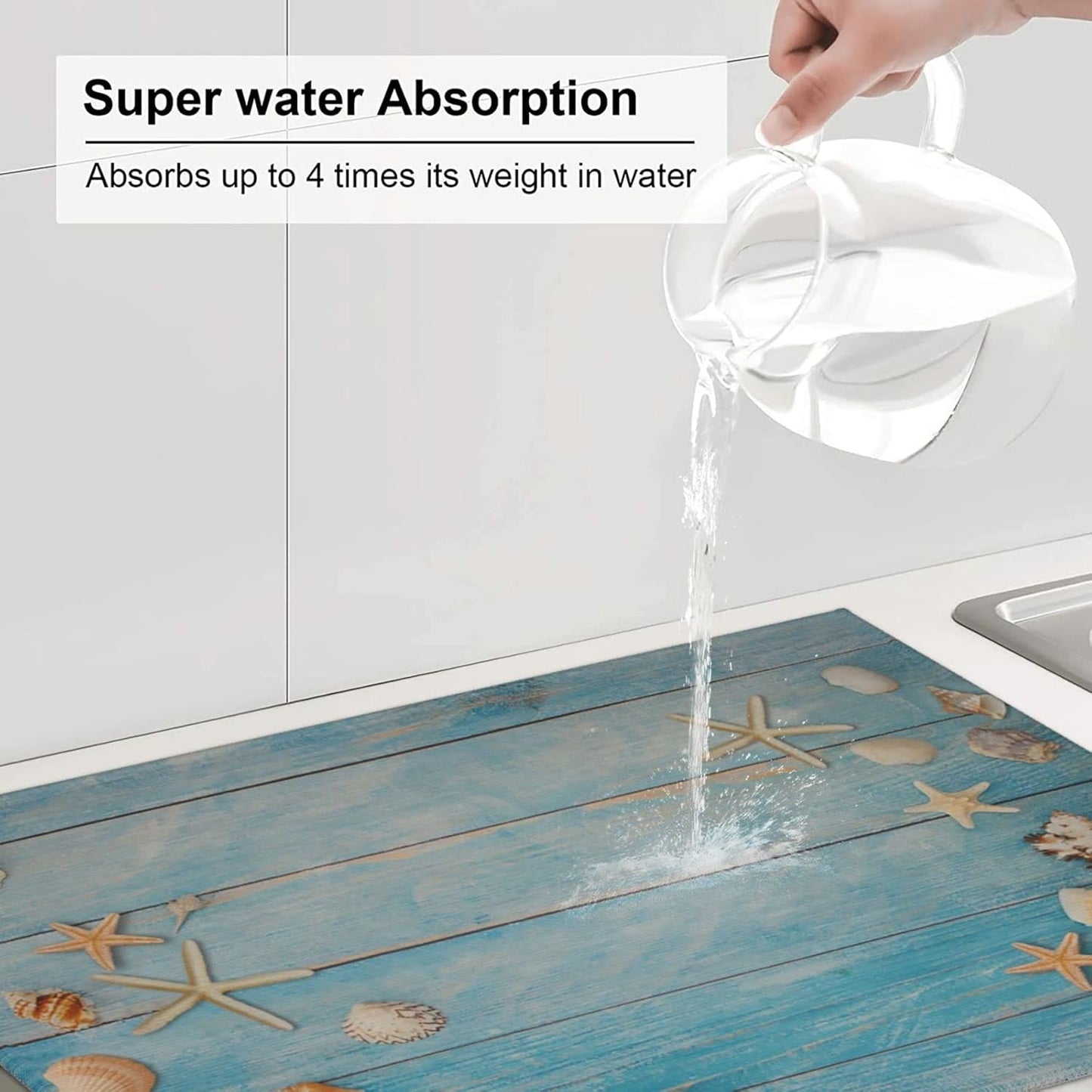 Seashells Starfish On Blue Wood Absorbent Microfiber Xl Dish Drying Mat For Kitchen Countertop Extra Large Reversible Drainer Rack Pad 18 X 24 Inch