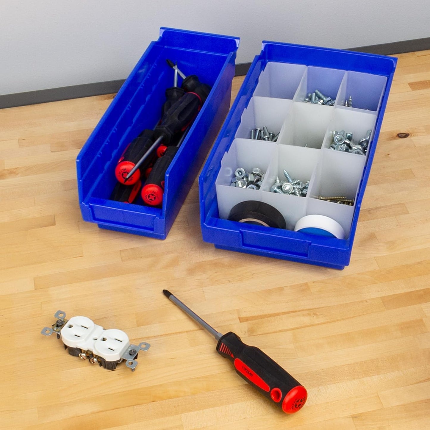 Akro-Mils 30120 Plastic Shelf Bins, Heavy Duty Storage Bins for Garage, Closet, and Drawer Organization, 12-Inch x 4-Inch x 4-Inch, Blue, 24-Pack