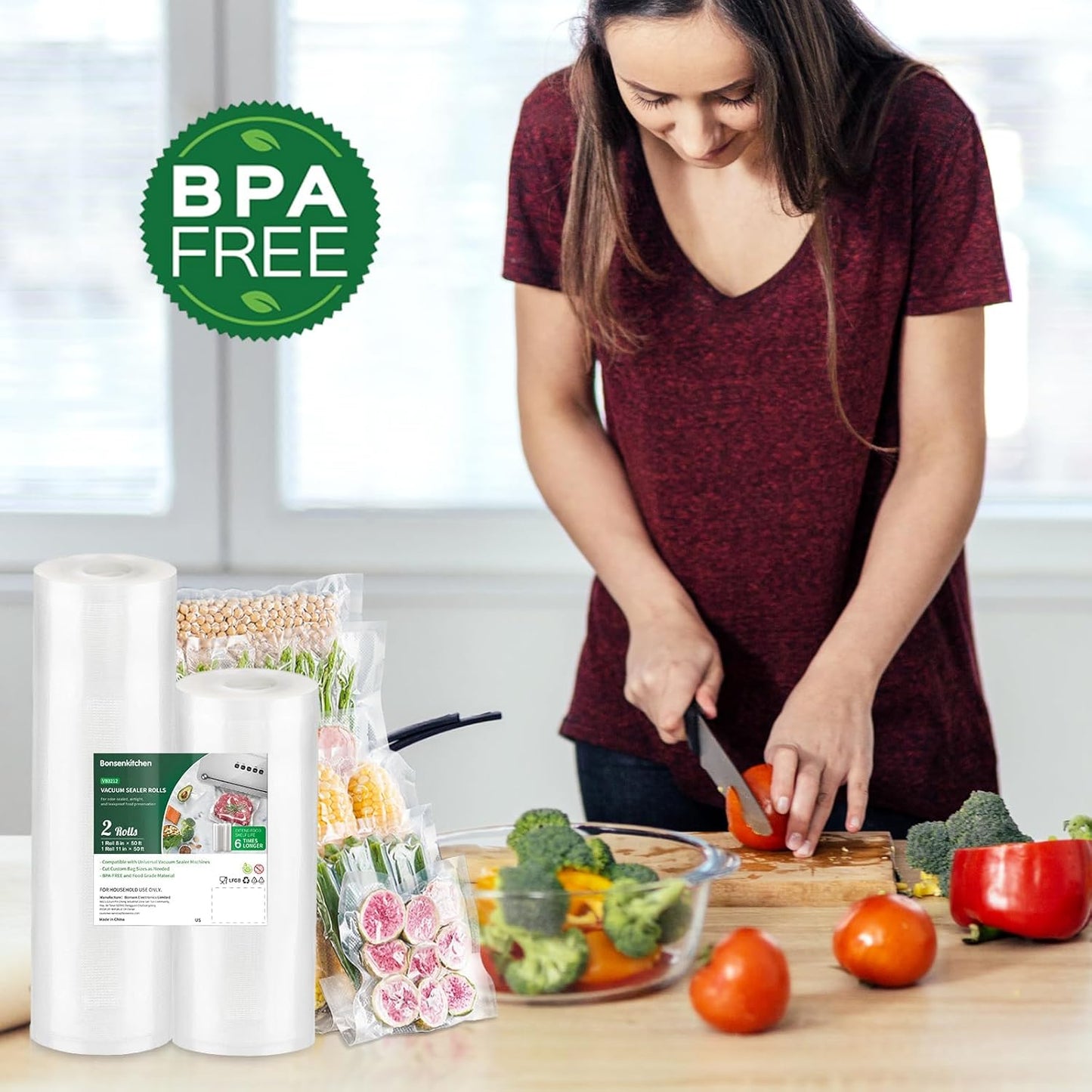 Bonsenkitchen Vacuum Food Sealer Rolls Bags, 8" x 50' & 11" x 50' Commercial Grade BPA Free Bag Rolls, Durable Customized Size Food Vac Bags for Storage and Sous Vide Cooking VB3212