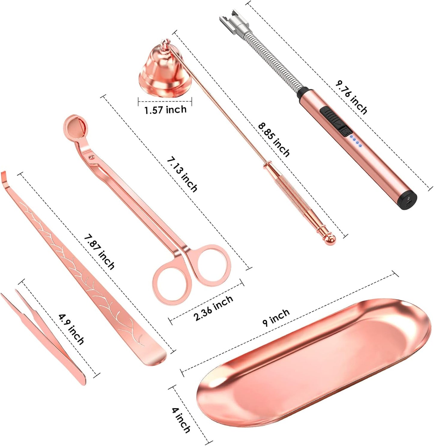 6 in 1 Candle Accessory Set,Candle Wick Trimmer Cutter,Candle Wick Dipper,Candle Wick Snuffer, Rechargeable Candle Lighter,Storage Tray Plate,Tweezers,Stainless Steel Candle Care Kit Gift(Rose Gold)β¦