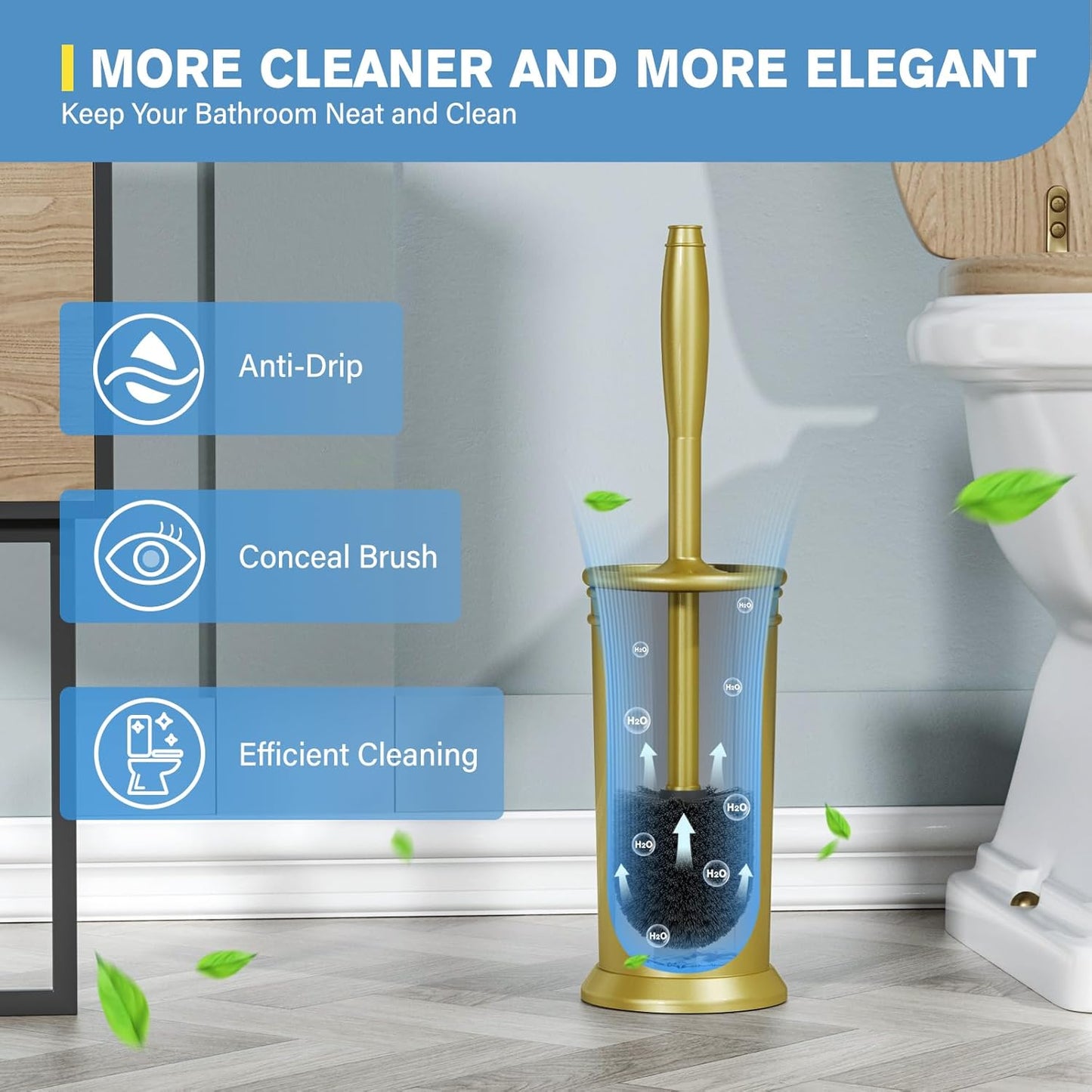 UPTRONIC Toilet Brush, Aluminum Alloy Toilet Brush and Holder Set with Extra Long Handle Durable Bristles Toilet Bowl Brush and Covered Holder for Toilet Scrubber for Bathroom Cleaning