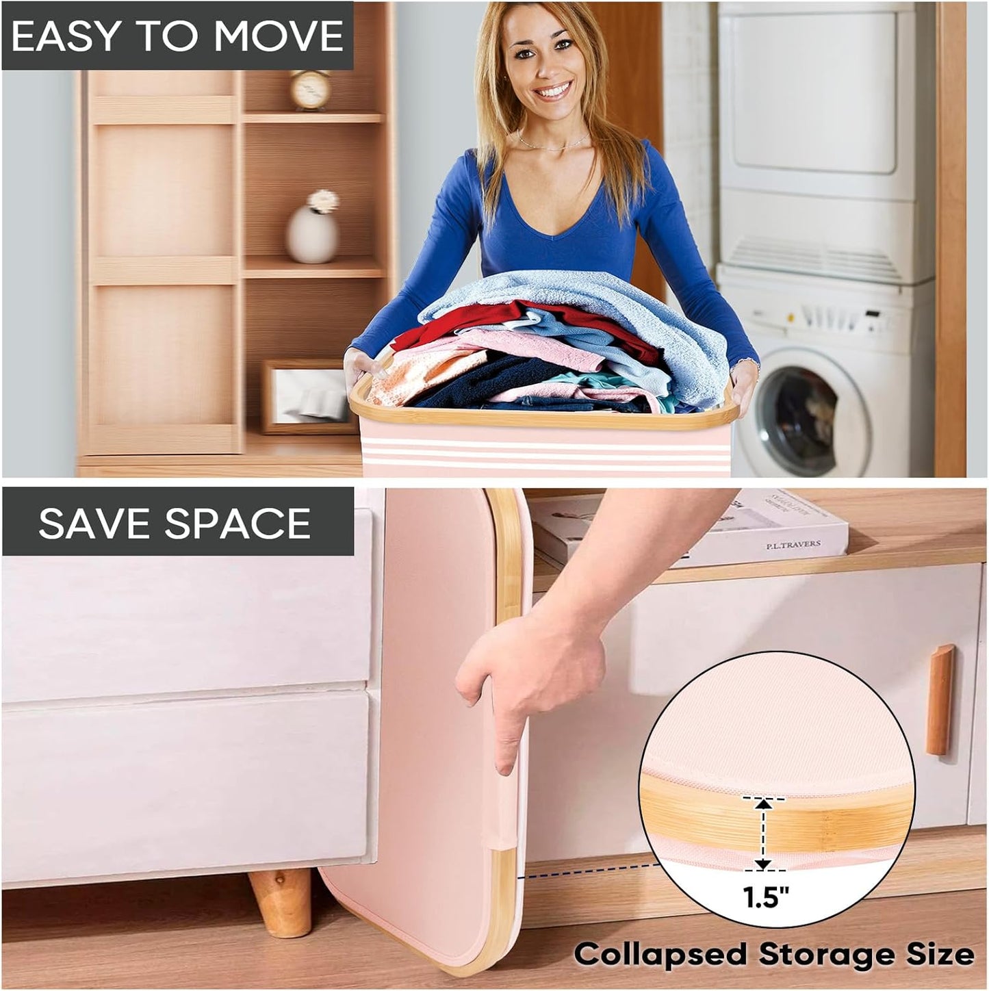 BALEINE Laundry Hamper with Lid, Tall Laundry Baskets with Bamboo Pull Handles, Large Laundry Bin with Internal Support (18 Gal/70L, Pink Pinstripe)