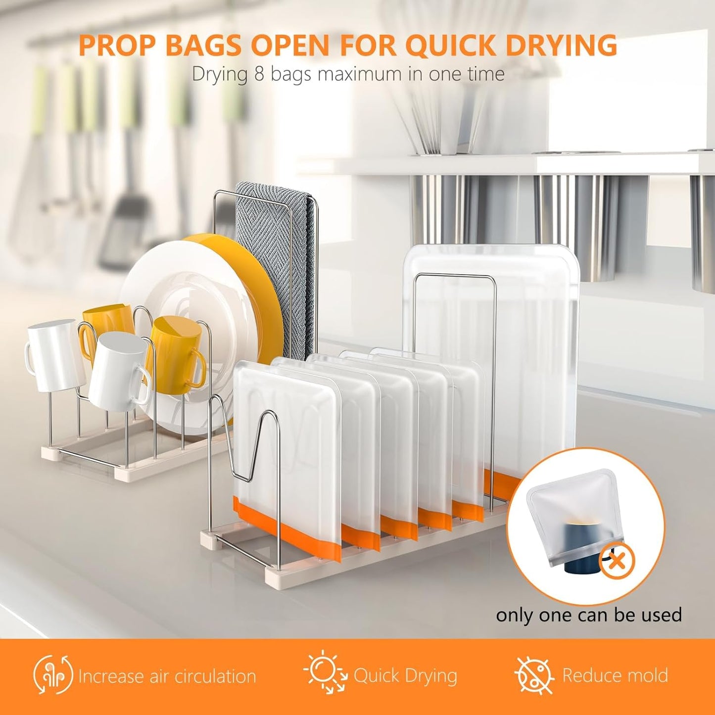 Reusable Bag Drying Rack,Silicone Bag Drying Rack,Plastic Bags Dryer Rack,Dryer Rack for Silicone Storage Bags,Draining Stand Holder for Cups,Bottles,Pan Lid&Cutting Board Organizer