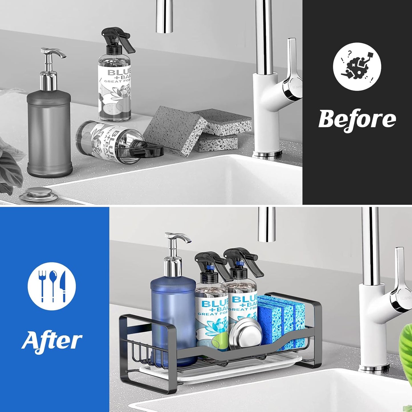 Sink Caddy Sponge Holder,Sponge Holder for Kitchen Sink,Kitchen Sink Organizer for Soap Brush Dispenser,Countertop Sink Caddy Organizer with Removable Drain Tray