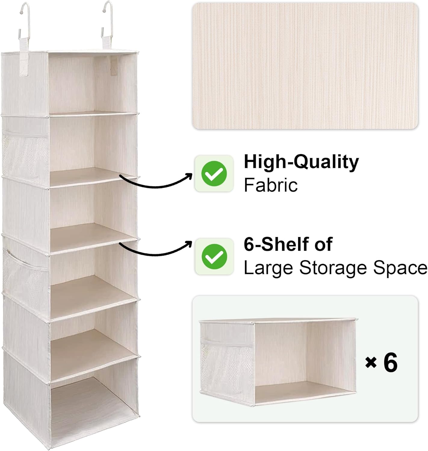 StorageWorks 6-Shelf Hanging Closet Organizer, Hanging Shelves for Closet, Fabric, Mixing of Beige, White & Ivory, 12" D x 12" W x 47 1⁄2" H