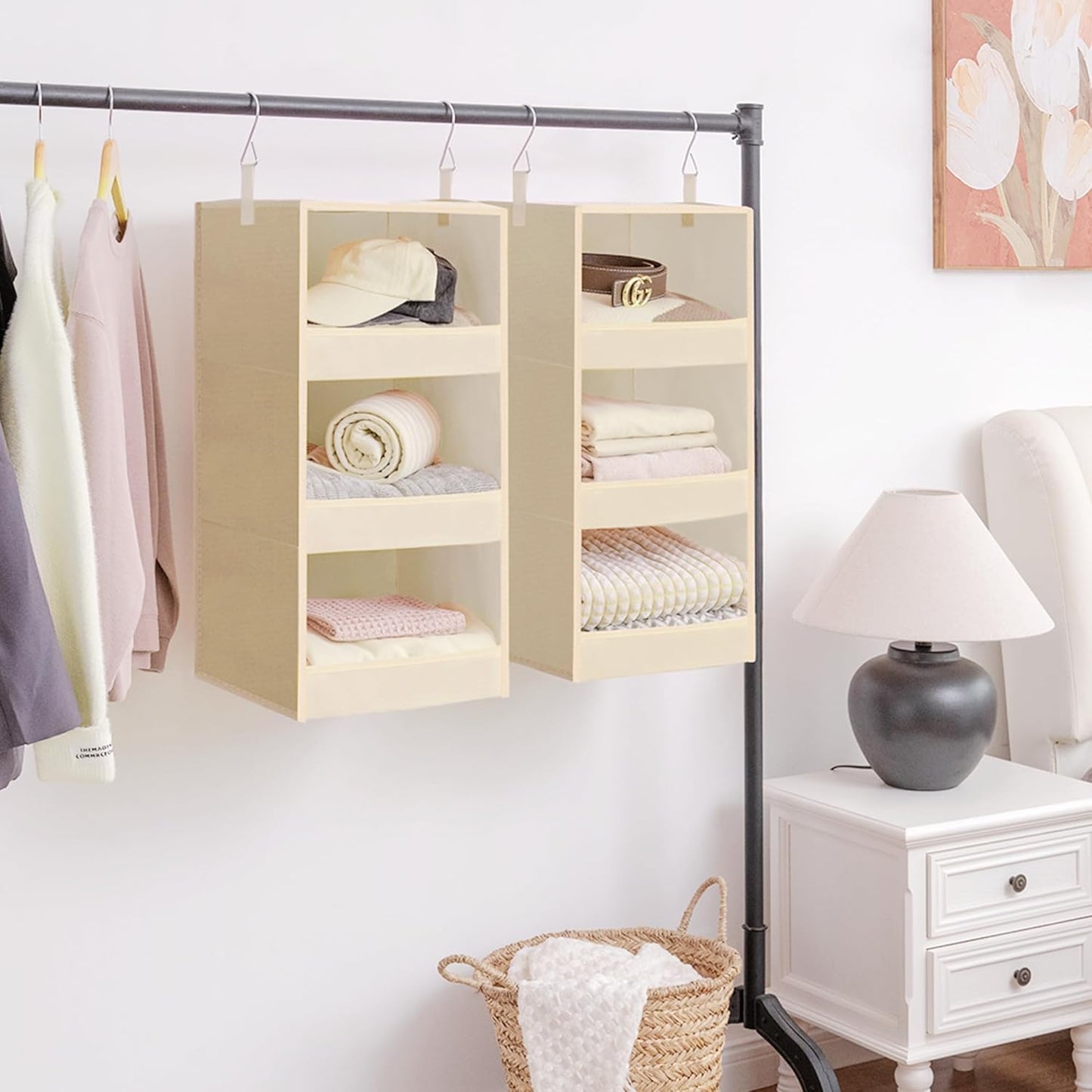 GRANNY SAYS 3 Shelf Hanging Closet Organizers and Storage, Collapsible Closet Storage Organizer with 2 Metal Hooks, Leak-Proof Hanging Shelves for Wardrobe, RV Camper, Locker, 2 Pack, Khaki