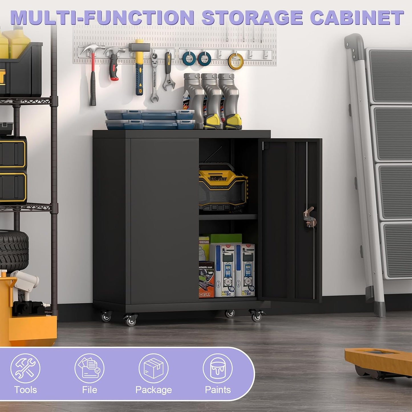 Metal Cabinet with Wheels, Steel Cabine with Locking Doors, Small Cabinet with 1 Adjustable Shelf, Tool Cabinets for Garage, Suitable for Home Office, Garage, Office