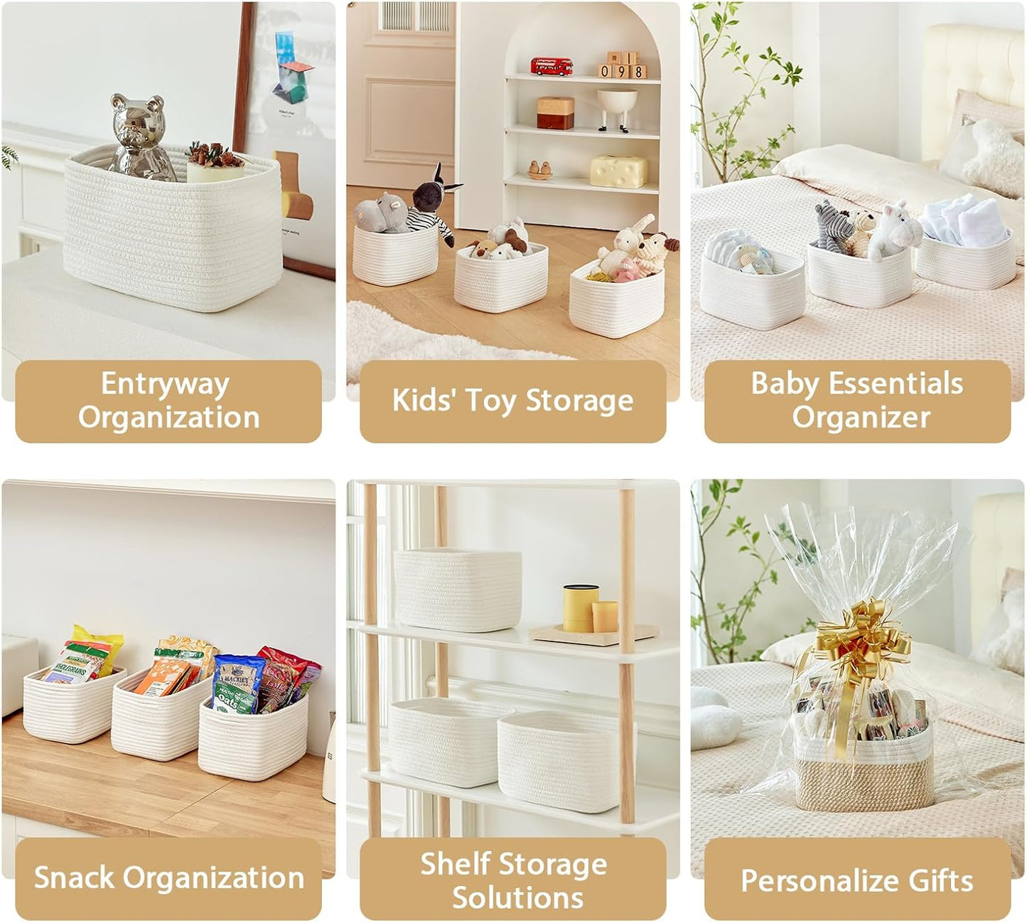 Small Cotton Rope Basket – Storage Bin for Organizing (10.6" x 6.7" x 6.7"), Bathroom Storage Basket for Shelf, Counter & Closet(White)