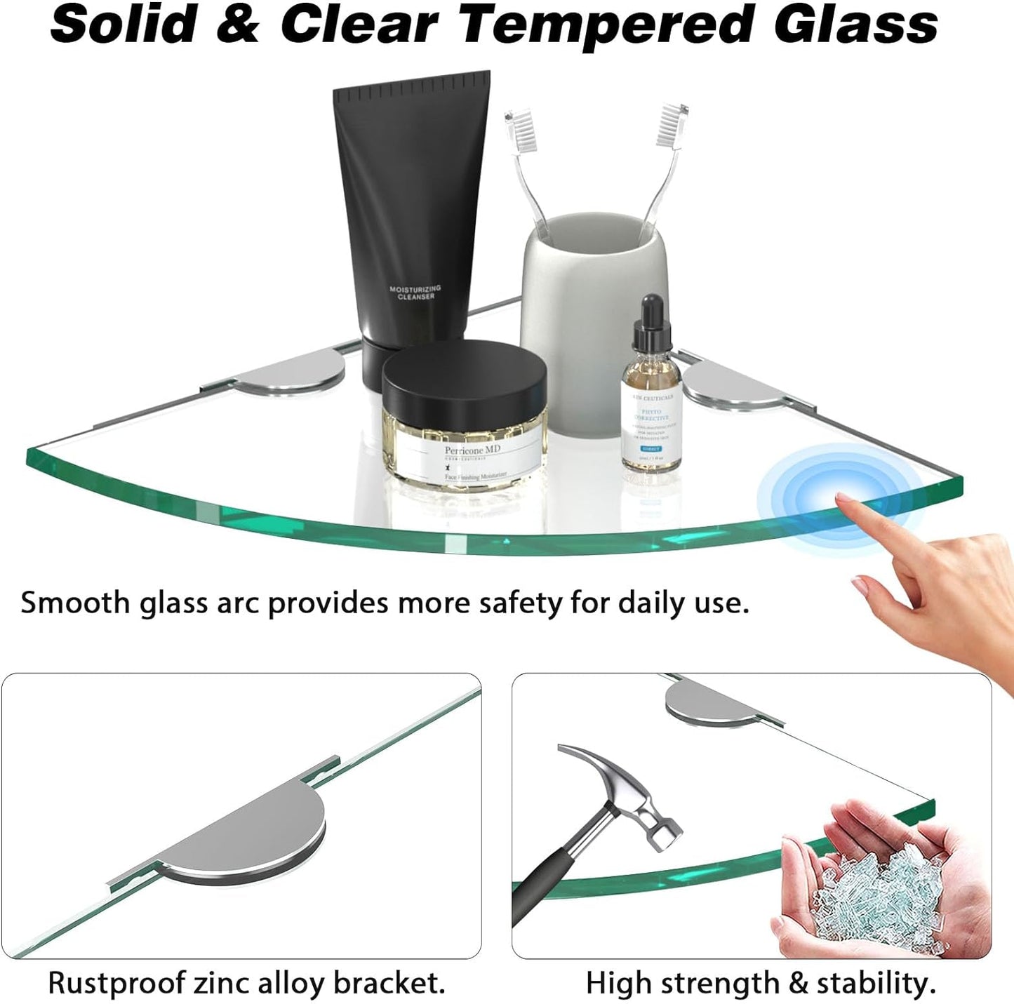 Corner Glass Shower Caddy 2 Pack 8MM-Thick Tempered Glass Shelf No Drilling Wall Mount Corner Mounted Shelves Space Saver Adhesive Bathroom Home Shelf Shampoo Holder Organizer Strong Adhesion