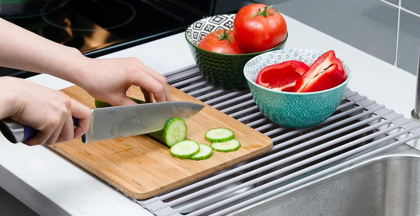 Surpahs Over Sink Foldable Multipurpose Roll-Up Dish Drying Rack, Silicone Wrapped Stainless Steel, Warm Gray, 20.5" x 15.5"