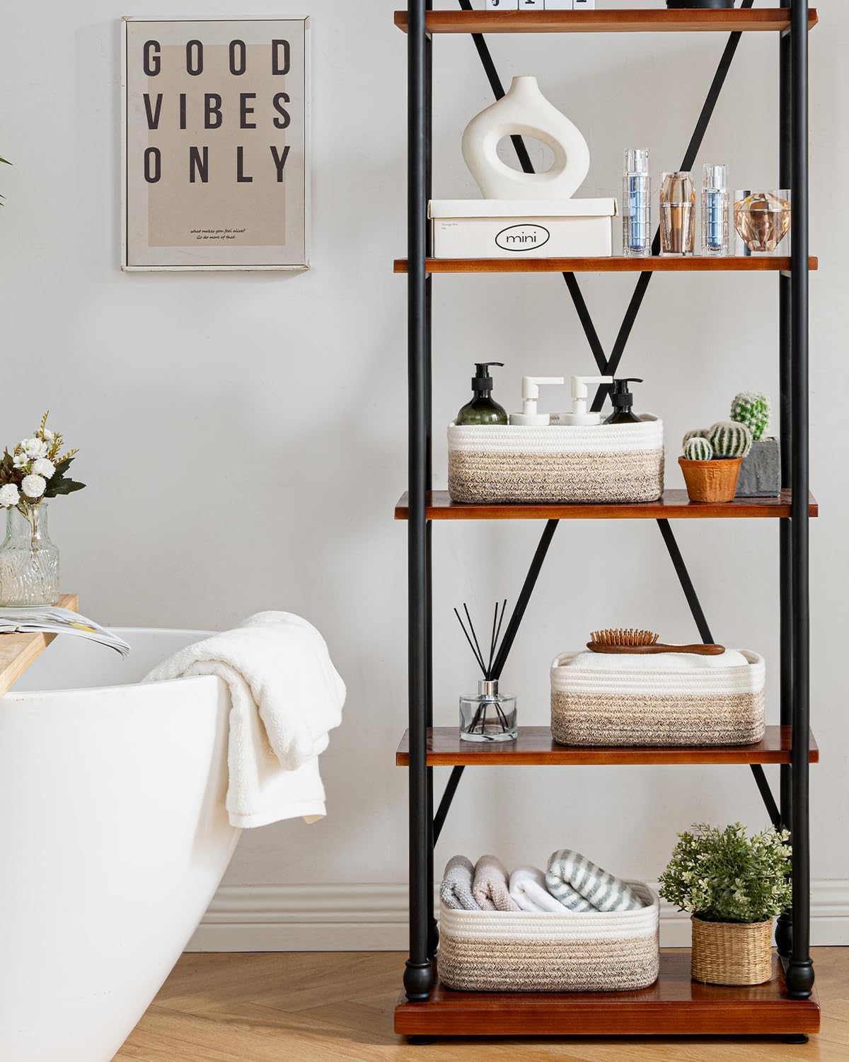 Small Woven Basket, 12 x 8 x 4.5 Inches, Storage Basket for Organizing, Cute Small Rope Shelf Closet Cube Storage Bins Baskets for Shelves, Dog Toy Gift Baskets Empty, 3 Pack Gradient Brown