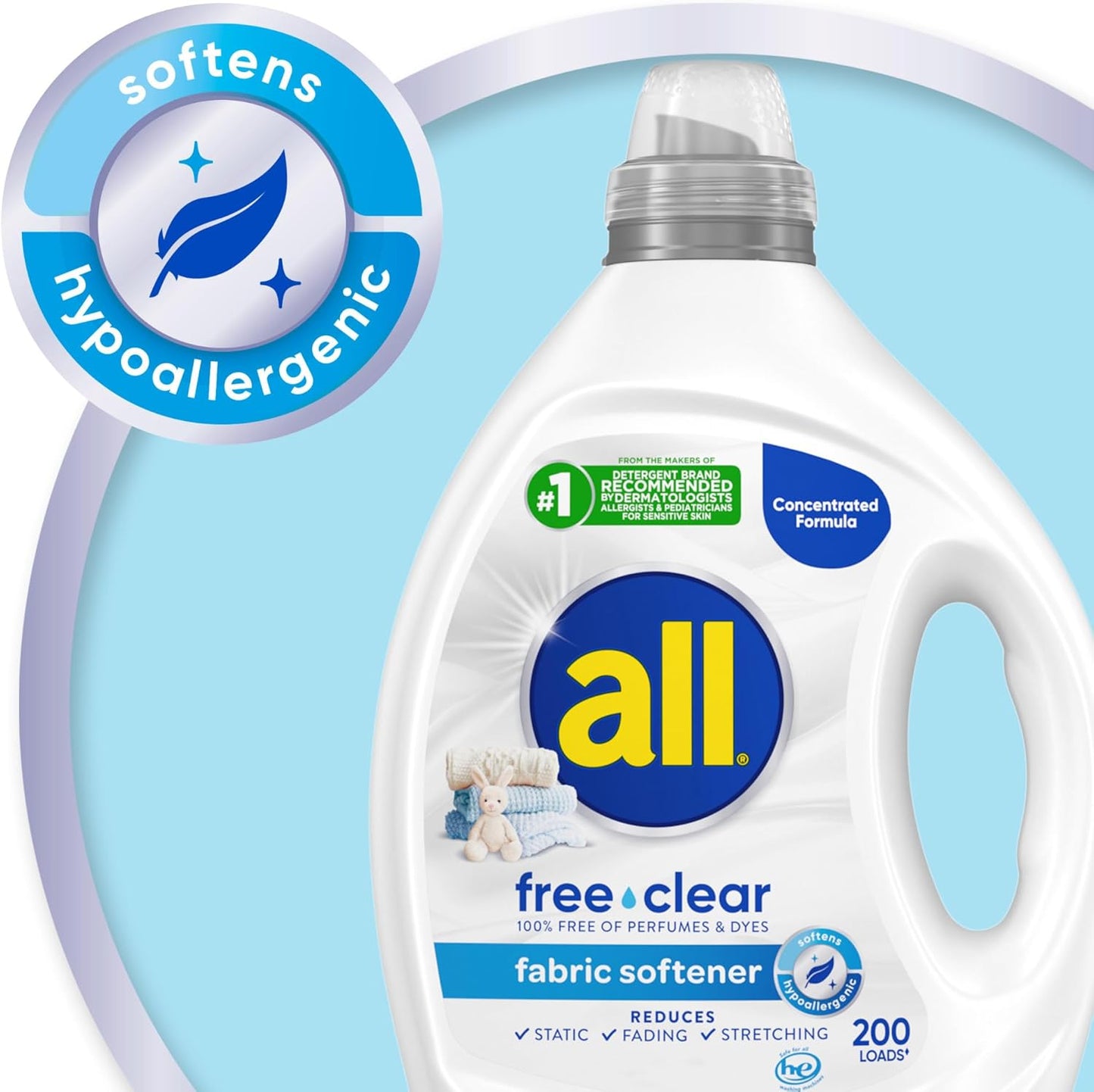 all free clear, Original, Liquid Fabric Softener for Sensitive Skin, Unscented and Hypoallergenic, Concentrated, 80oz, 200 Loads