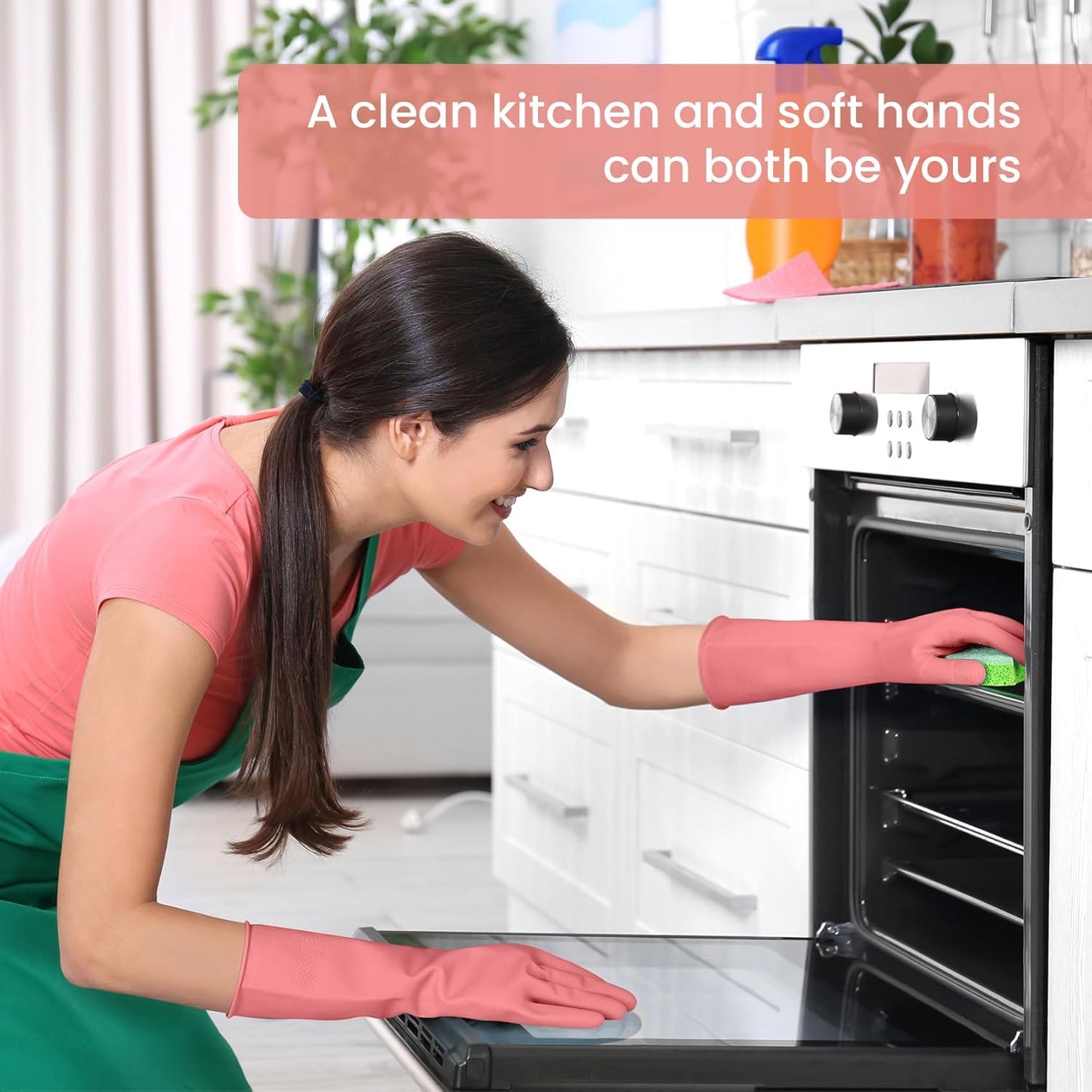 Rubber Cleaning Gloves for Dishwashing, 4 Pairs Reusable Kitchen Gloves for Washing Dishes and Household Cleaning, Pink Dish Gloves with Flocked Lining and Non-Slip Grip, Pefect for Woman Men - L