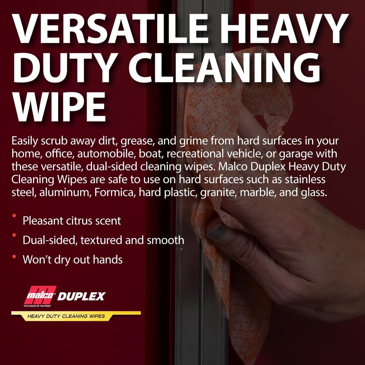 Malco Duplex Heavy Duty Cleaning Wipes for Home and Auto - Dual Sided Textured, Wet Wipe/Removes Grease, Tar, Paint, Oil, Dirt/No Residue/Safe for Hands/Made in USA (130 Wipes)