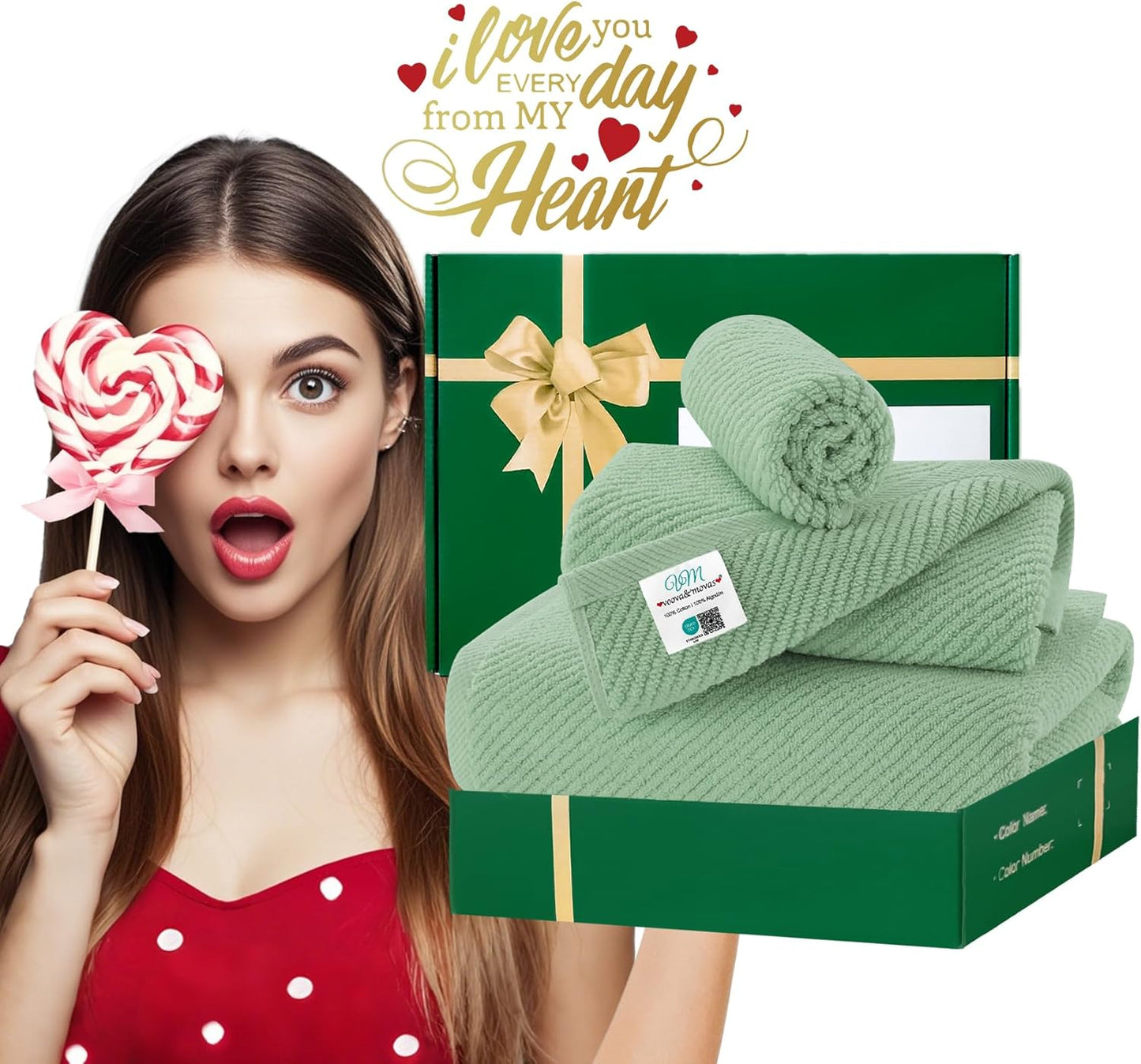 VOOVA & MOVAS Green Towels for Bathroom, 100% Cotton | Quick Dry | Soft | Thick, 3 Piece Towel Set, 1 Large Bath 30" x 56", 1 Hand 18" x 28", 1 Wash Cloth 13" x 13", Bathroom Essentials, Sage Green