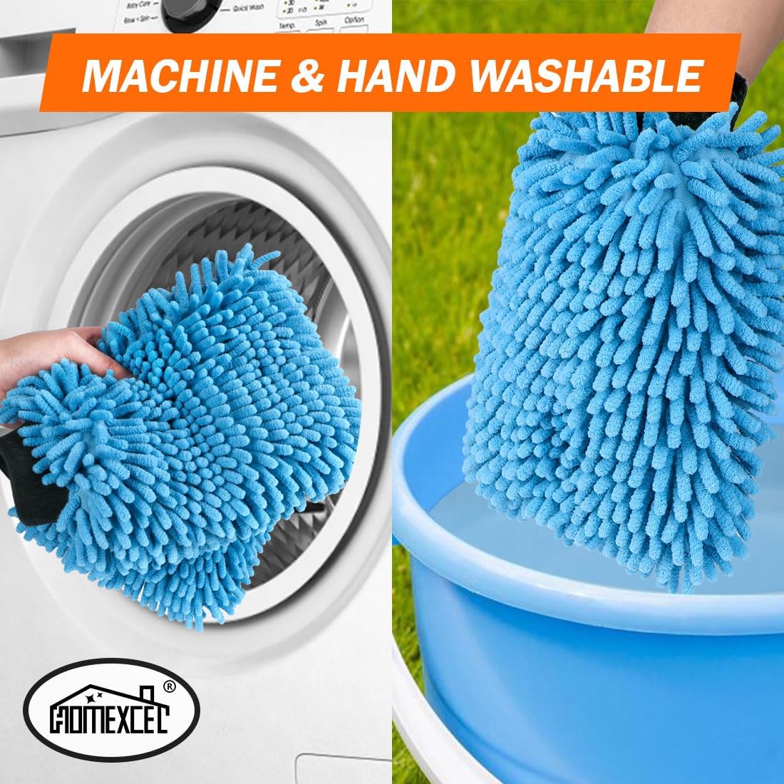 HOMEXCEL Car Wash Mitt, 2PK Chenille Microfiber Wash Mitt, Scratch-Free & Lint-Free, Rich Foam, Highly Absorbent, Double Sided, Perfect for Car Washing and Detailing, 10.2" x 6.7 ", Blue