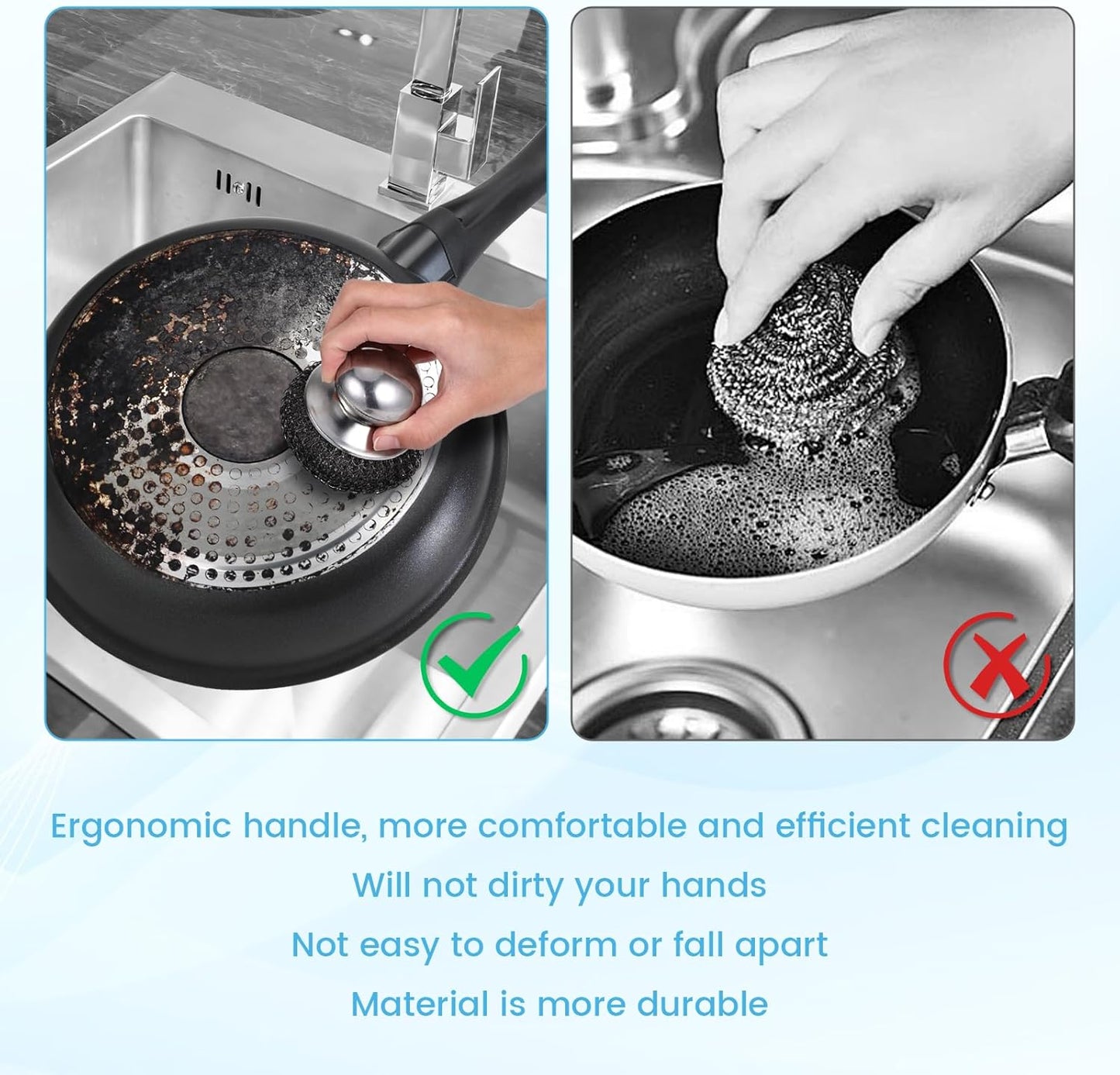 6Pcs Steel Wool Scrubber, Stainless Steel Scrubber with Handle for Cleaning Kitchen and Household Stubborn Messes from Stoves Pans Pots Grill Sink with Replacement Wire Brush Set (2 Pcs+4 Replacement)