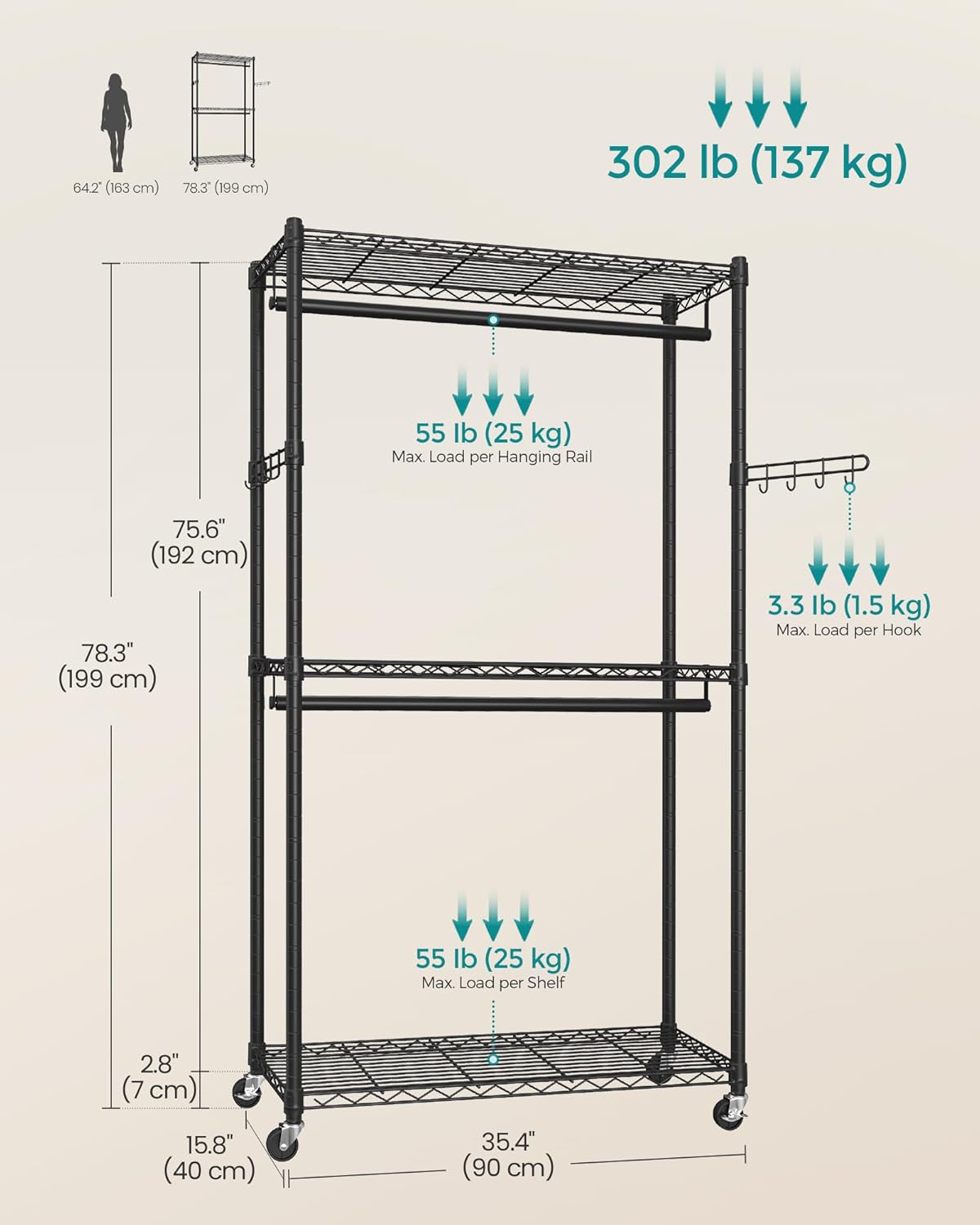 SONGMICS Heavy-Duty Rolling Clothes Rack, Garment Rack, Portable Closet, 35.4-Inch Wide Clothing Rack on Wheels, with Adjustable Mesh Shelves and Hanging Rails, Hooks, Ink Black ULGR413B01